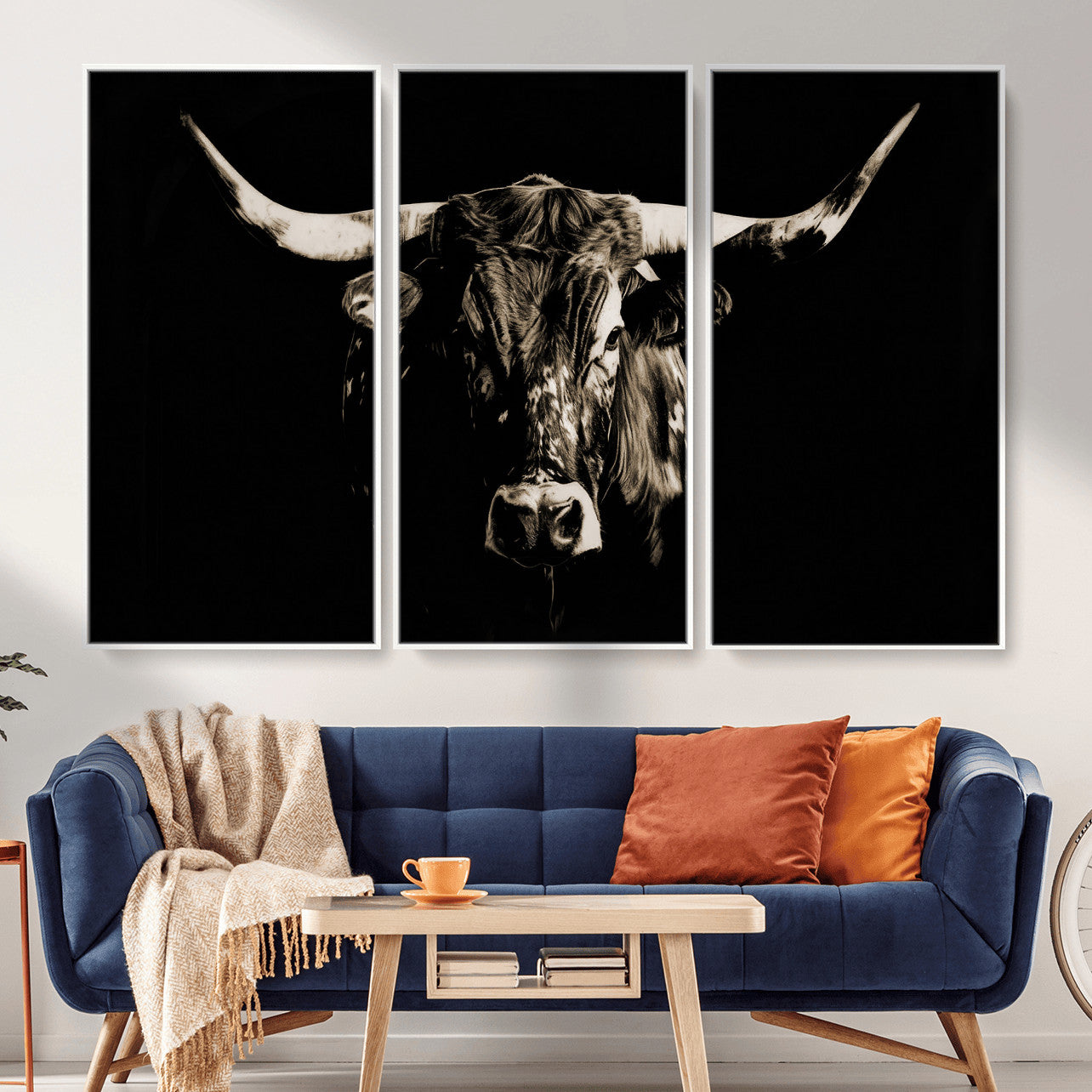 75774468-MGV-CV-36X24 - Black Bull Wall Art Canvas Print, Dark Longhorn Portrait Photography, Framed Wall Art Ready to Hang
