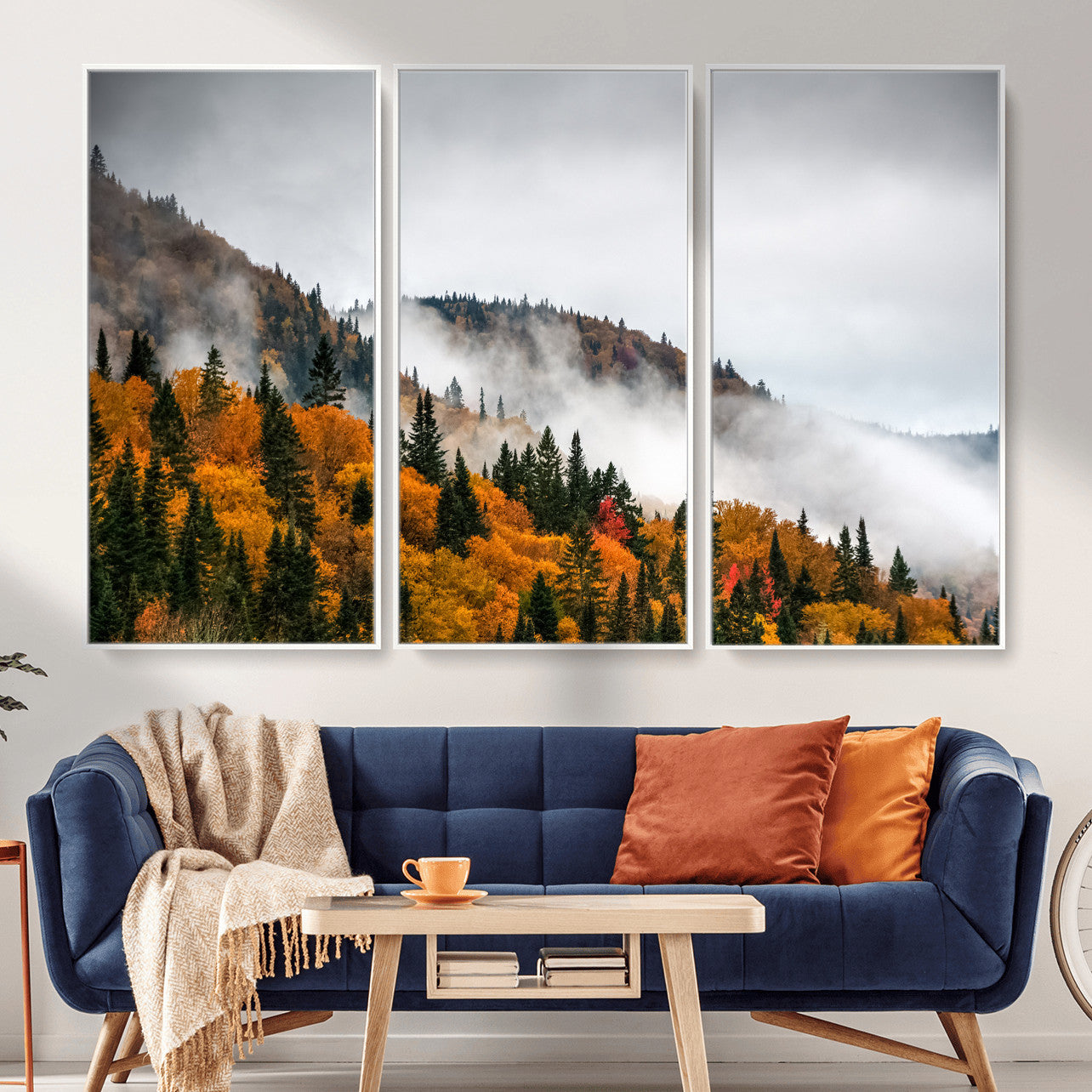 93581632-MGV-CV-36X24 - Autumn Forest Wall Art Canvas Print, Foggy Mountain Landscape Nature Photography, Framed Wall Art Ready to Hang