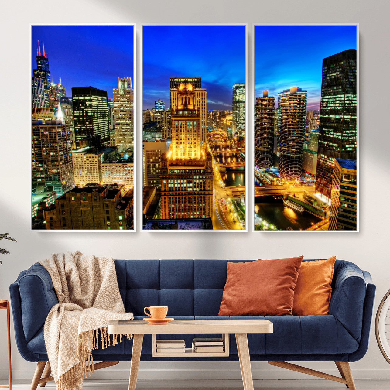 46298885-MGV-CV-36X24 - Chicago Wall Art Canvas Print, Chicago City Downtown Night Cityscape Print for Modern Urban Wall Decor