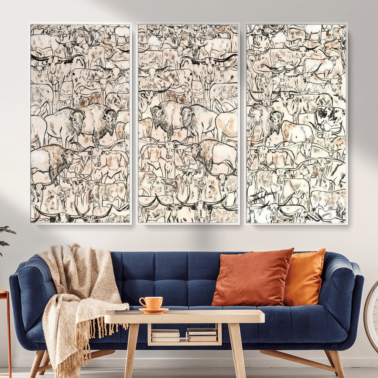 36925875-MGV-CV-36X24 - Farmhouse Animals Wall Art Canvas Print - Abstract Farm Animal Drawing Mid-Century Wall Art for Cabin Decor