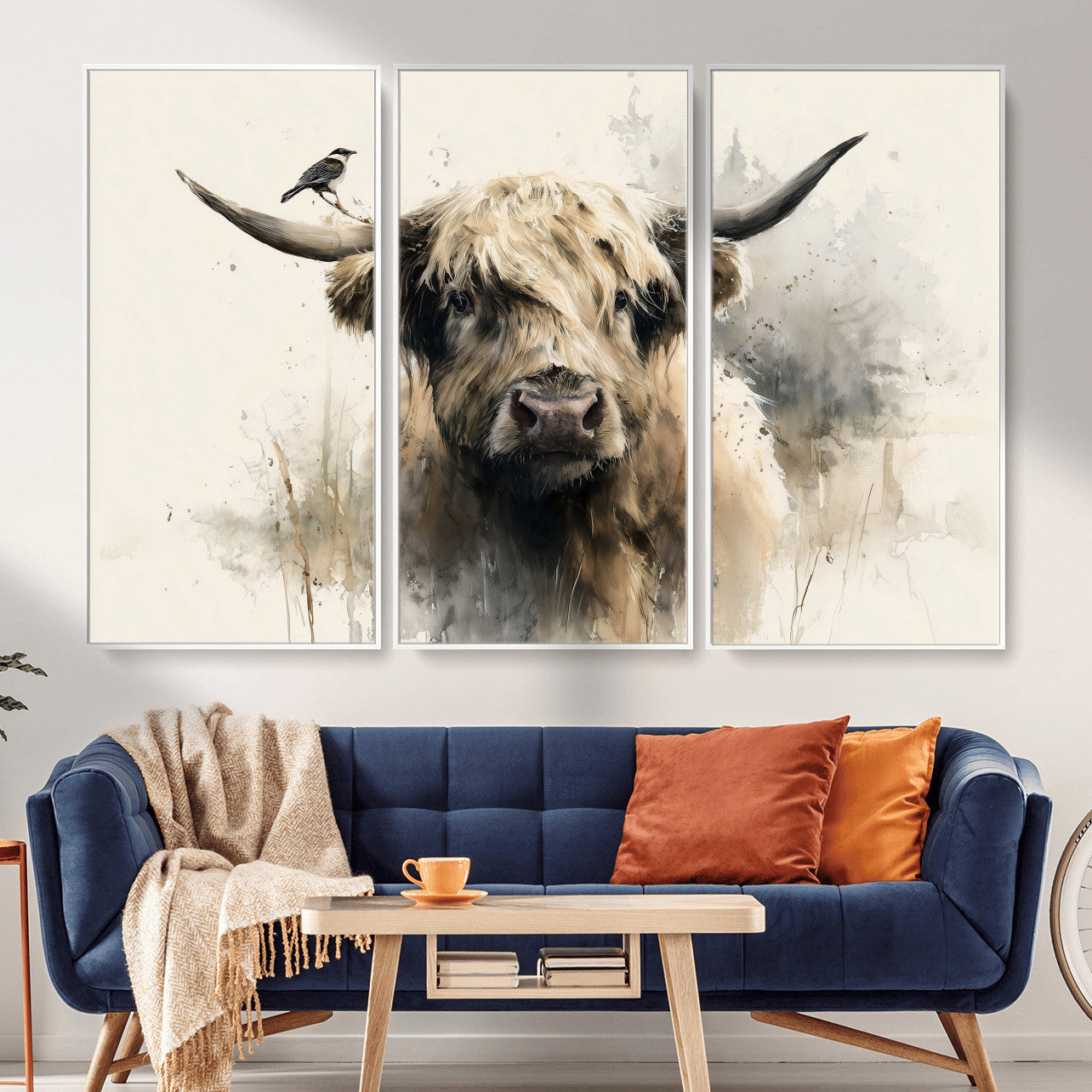 98249290-MGV-CV-36X24 - Abstract Highland Cow Watercolor Animal Wall Art Canvas Print, Rustic Farm Cattle Portrait Canvas Print, Neutral Wildlife Farmhouse Art Printing