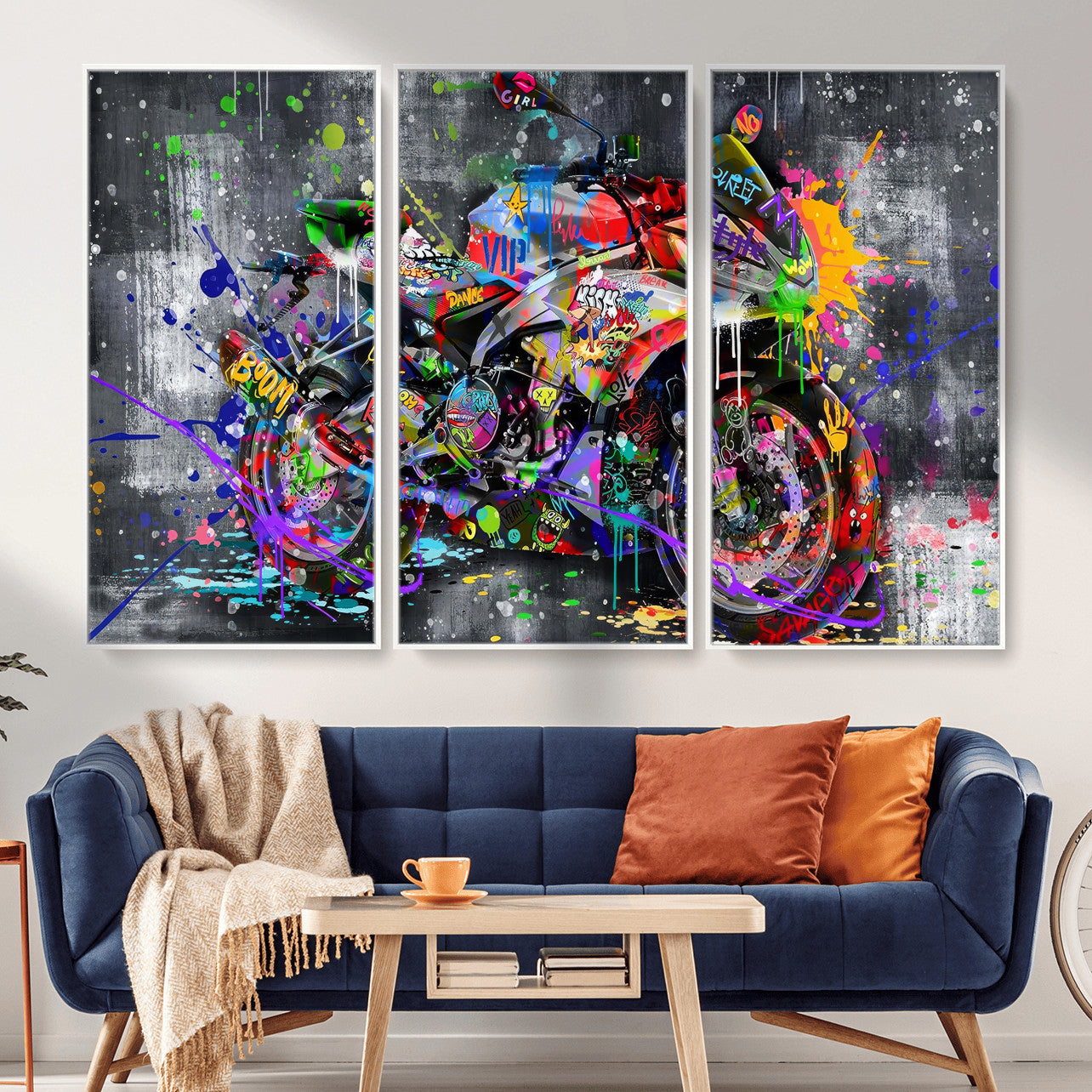 83021767-MGV-CV-36X24 - Graffiti Motorcycle Wall Art Canvas Print, Urban Street Art Motorbike Decor, Colorful Graffiti Sports Bike Artwork