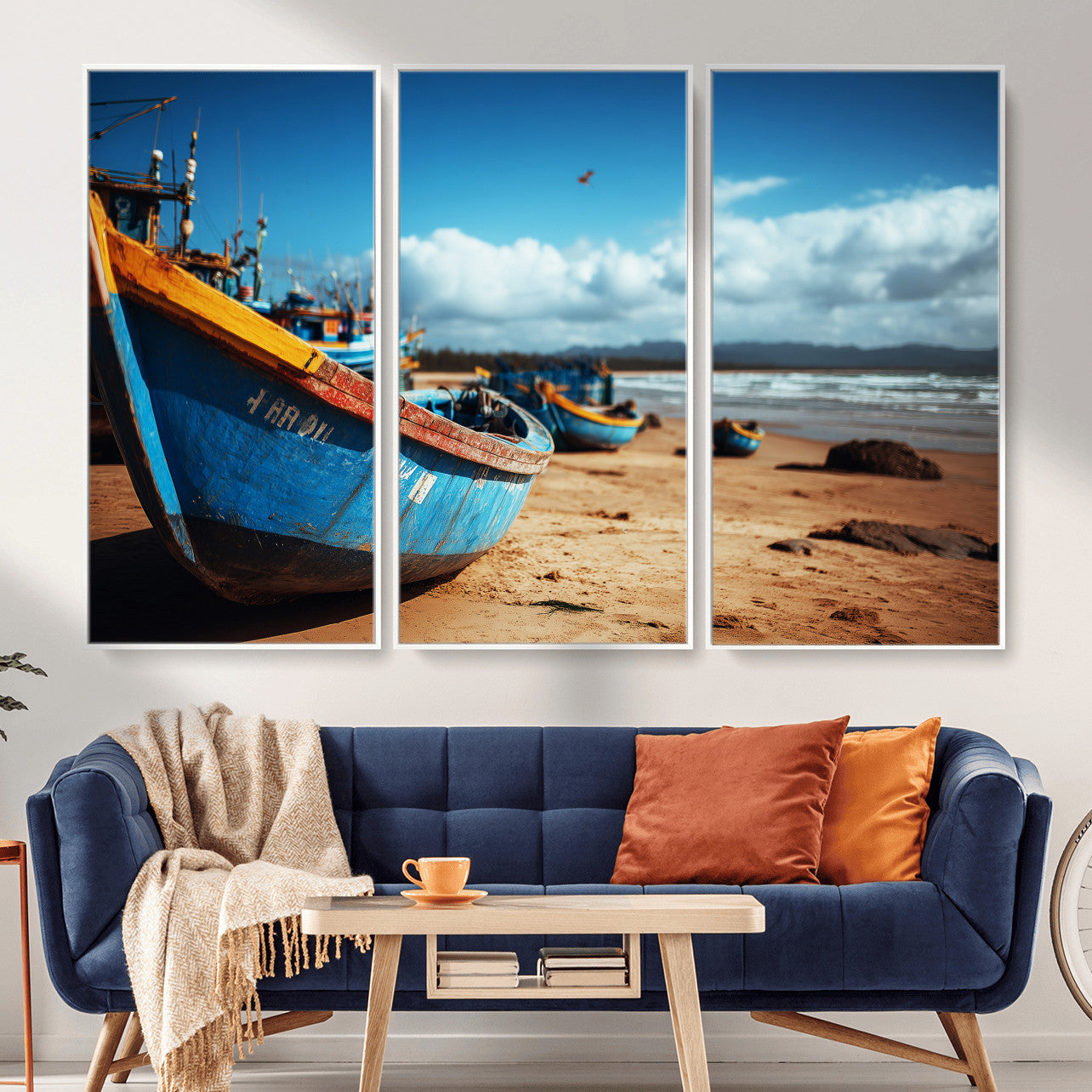 70925201-MGV-CV-36X24 - Fishing Boats Wall Art Canvas Print, Coastal Boat Beach Scene, Nautical Seaside Artwork, Ocean Shore Decor, Coastal Home Wall Art