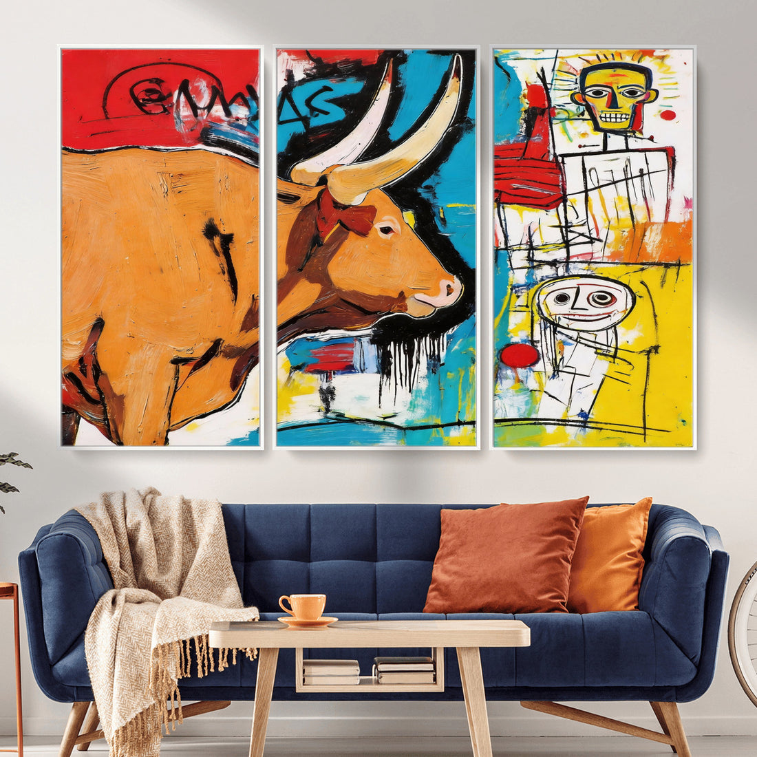 Basquiat Style Bull Graffiti Wall Art Canvas Print, Street Art