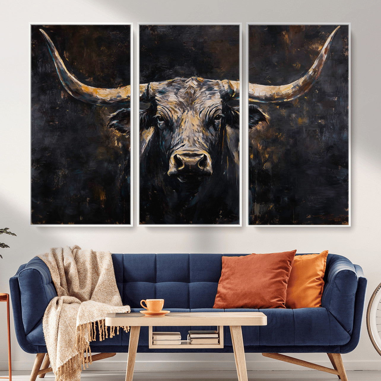 17622011-MGV-CV-36X24 - Abstract Longhorn Bull Wall Art Canvas Print – Dark Rustic Western Cattle Artwork for Farmhouse, Ranch, Cabin, and Office Decor