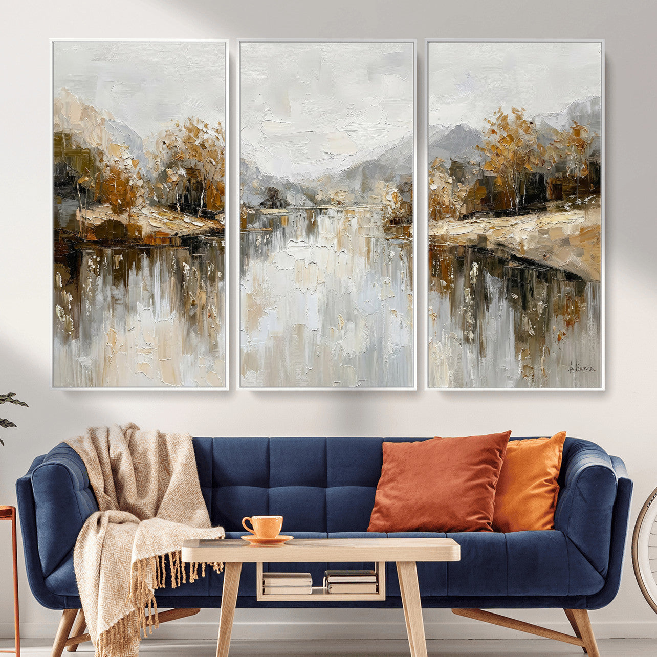 78227690-MGV-CV-36X24 - Neutral Abstract Lake Landscape Wall Art Canvas Print, Modern Minimal River Reflection Canvas Print, Beige Gray Contemporary Nature Art Printing