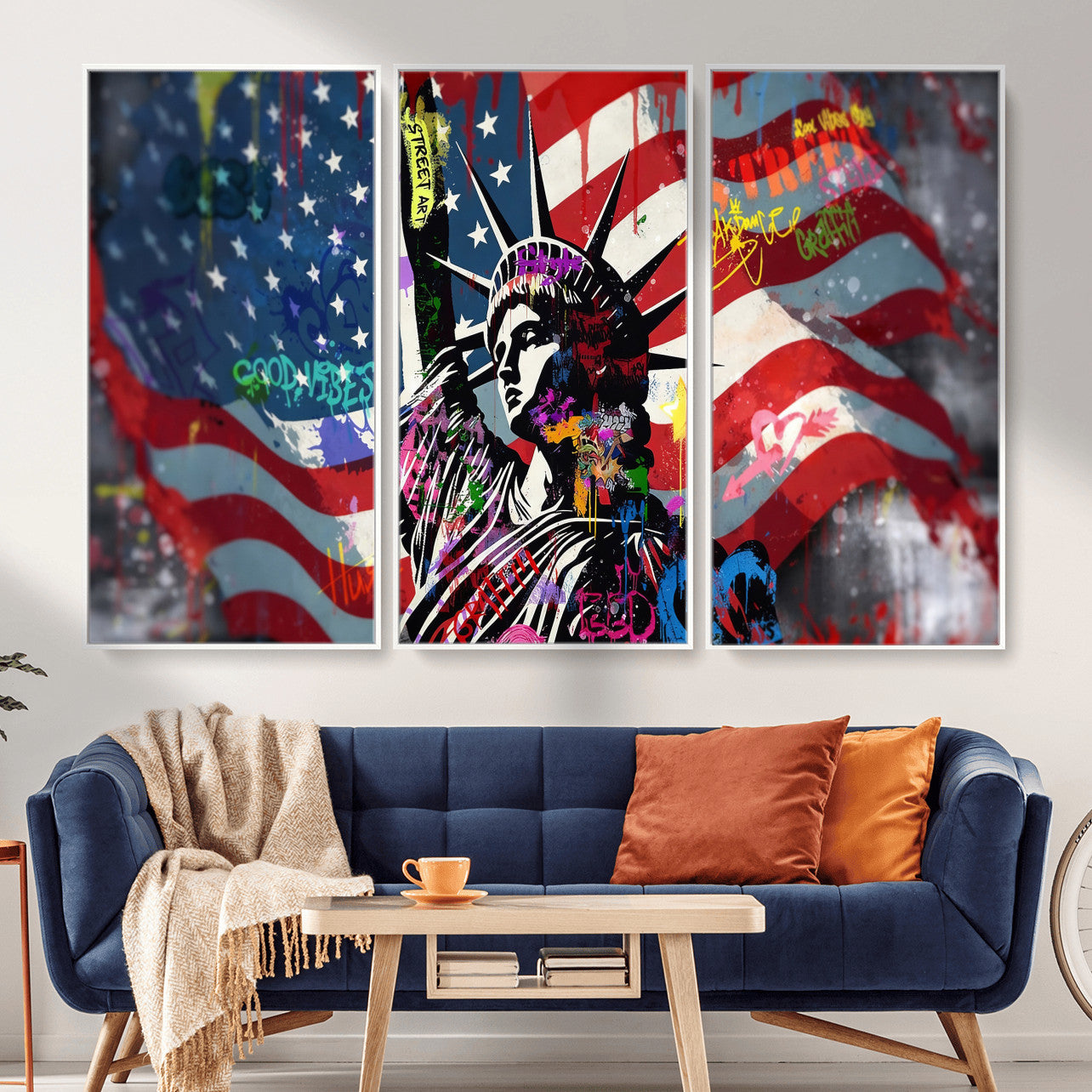 32151941-MGV-CV-36X24 - USA Statue of Liberty Graffiti Street Art Wall Art Canvas Print, American Flag Urban Pop Art Canvas Print, Modern Patriotic Street Art Contemporary Art Printing