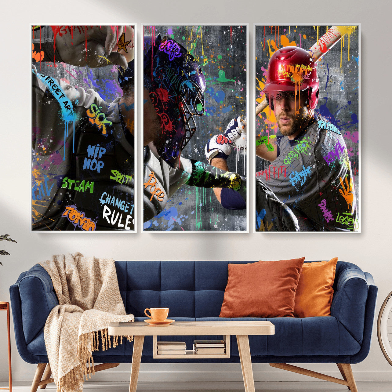 19634994-MGV-CV-36X24 - Graffiti Baseball Player Street Art Wall Art Canvas Print, Urban Sports Pop Art Baseball Canvas Print, Modern Athletic Graffiti Contemporary Art Printing