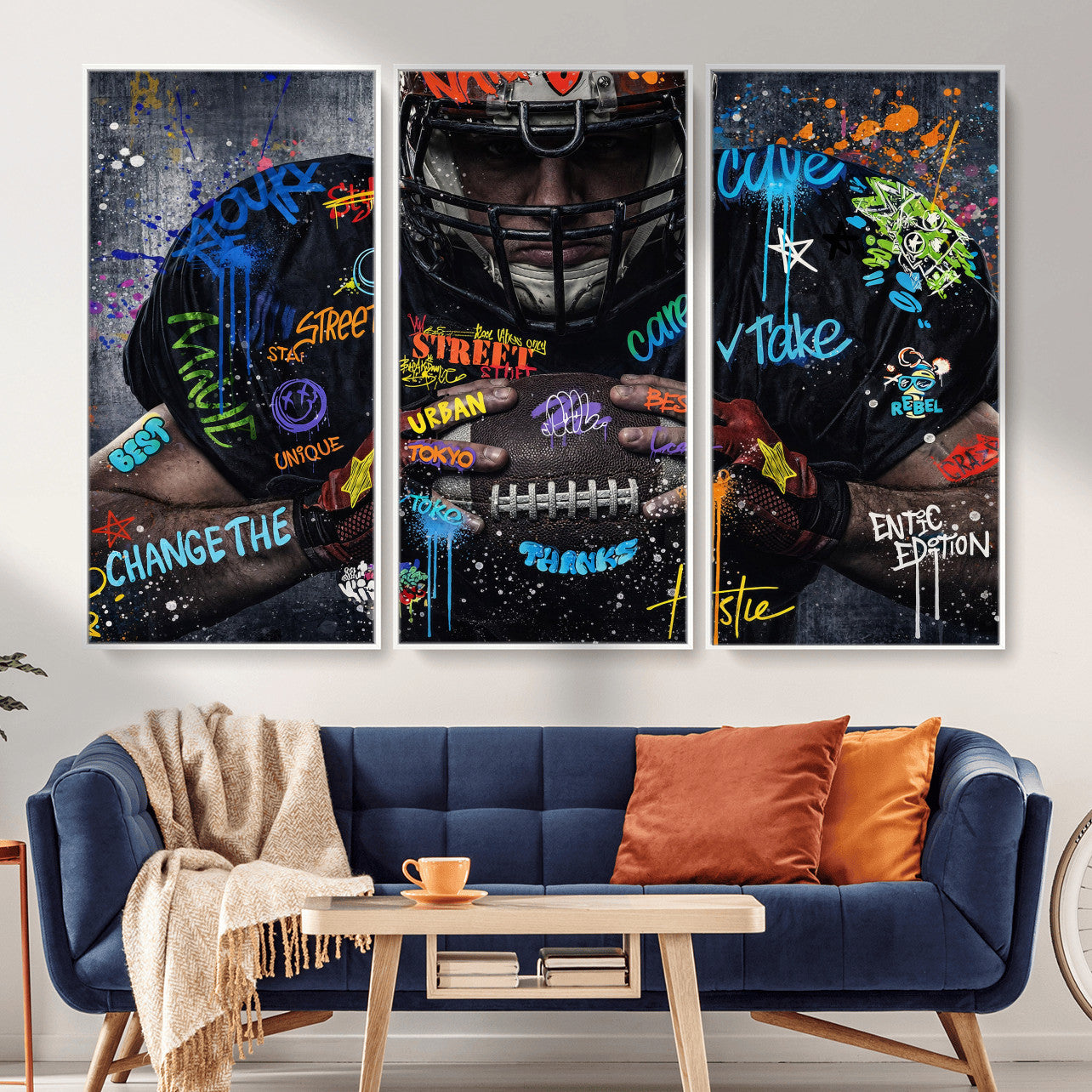55267256-MGV-CV-36X24 - Graffiti American Football Player Street Art Wall Art Canvas Print, Urban Sports Pop Art Football Canvas Print, Modern Athletic Graffiti Contemporary Art Printing