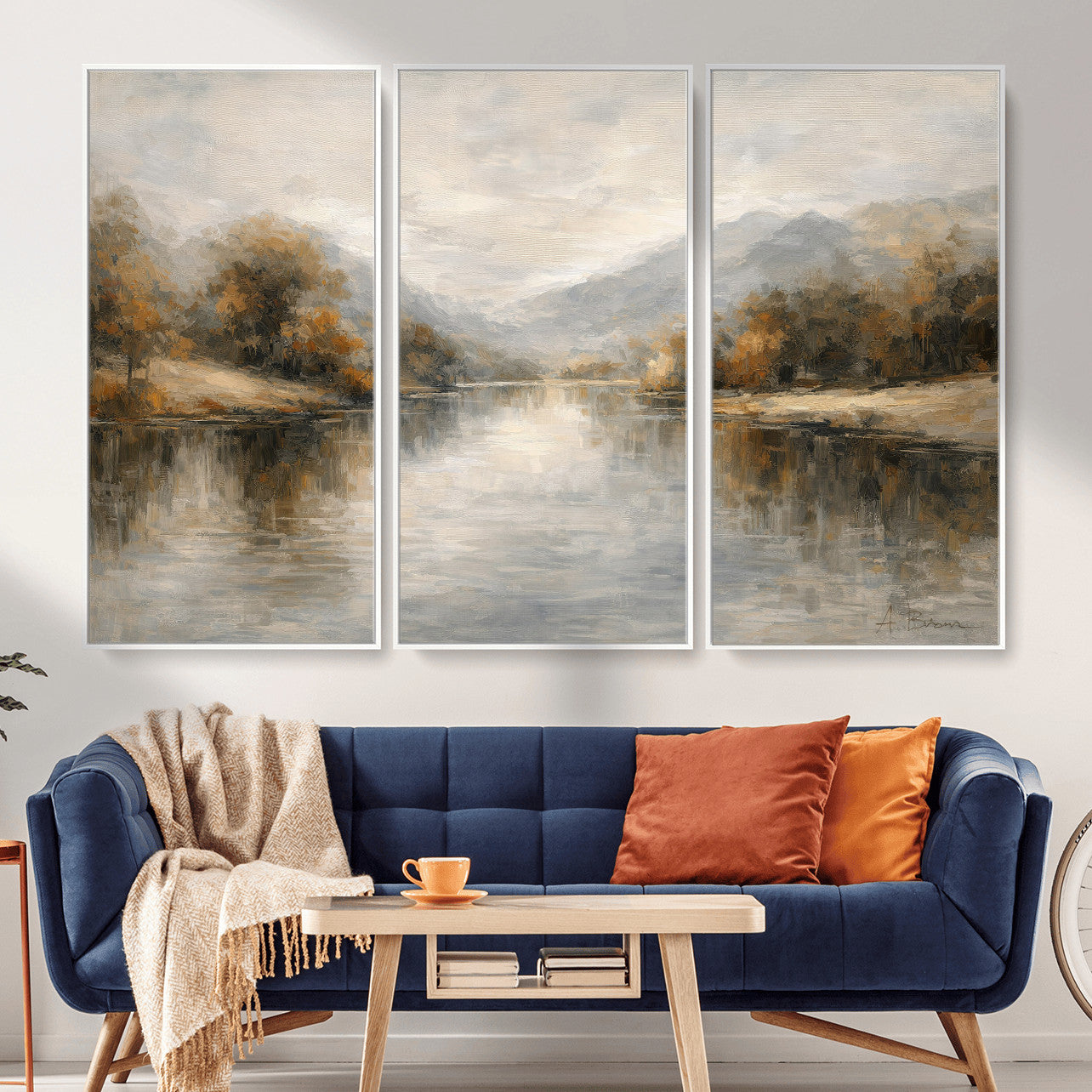 29251761-MGV-CV-36X24 - Neutral Abstract River Landscape Wall Art Canvas Print, Modern Minimal Nature Reflection Canvas Print, Beige Gray Contemporary Mountain Art Printing