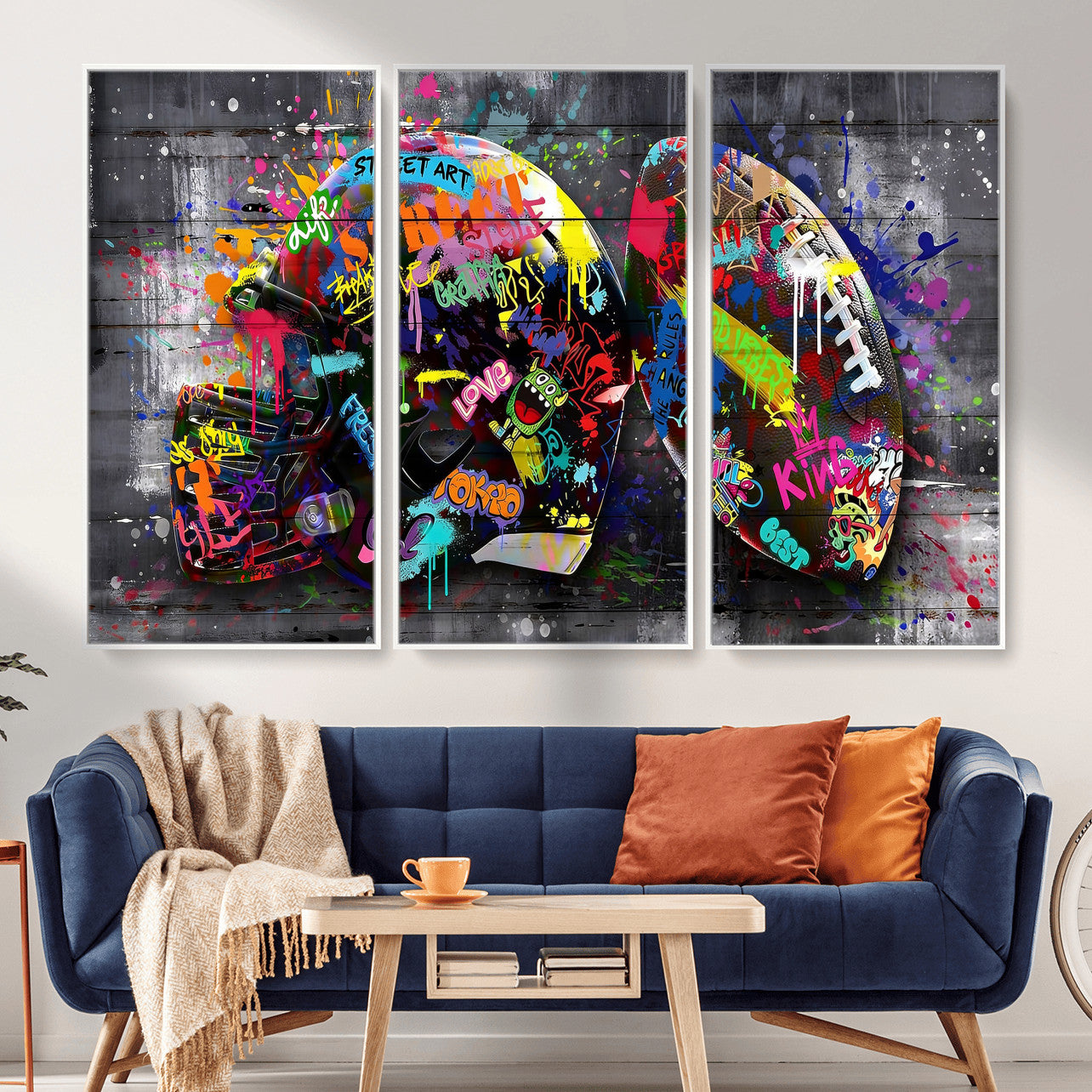80540773-MGV-CV-36X24 - Graffiti American Football Helmet Street Art Wall Art Canvas Print, Urban Sports Pop Art Football Canvas Print, Colorful Graffiti Sports Contemporary Art Printing