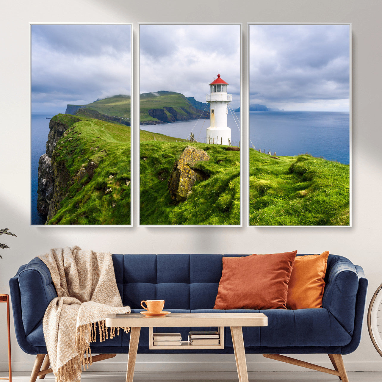 10680390-MGV-CV-36X24 - Coastal Lighthouse Wall Art Canvas Print, Cliffside Ocean Landscape Canvas Print, Scandinavian Coastal Decor for Living Room