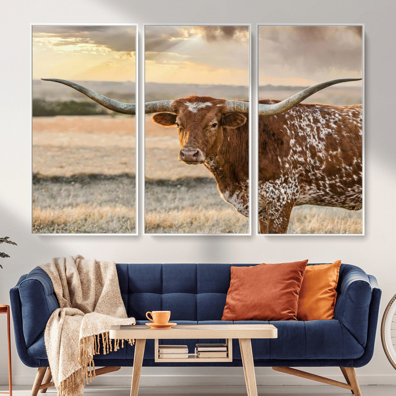 16502384-MGV-CV-36X24 - Texas Longhorn Wall Art Canvas Print, Western Ranch Bull Photography Canvas Print, Rustic Farmhouse Cattle Artwork for Living Room Decor