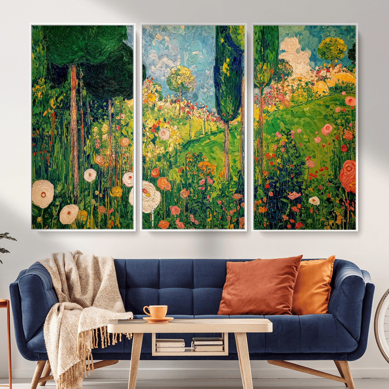 83517974-MGV-CV-36X24 - Gustav Klimt Boho Mountain Landscape Large Wall Art, Horizontal Gold Framed Canvas Print with Sun and Flowers