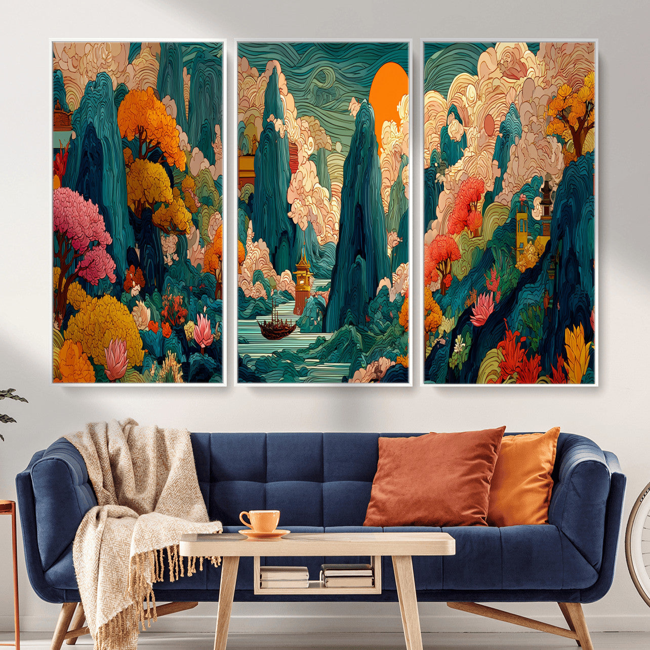 90422518-MGV-CV-48X32-3P - Colorful Japanese Landscape Print: Maximalist Panoramic Wall Art