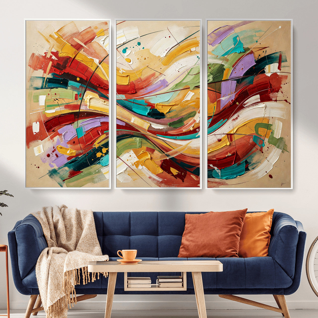 39887645-MGV-CV-36X24 - Geometric Abstract Wall Art Canvas Print, Orange Blue Abstract Expressionist Painting Print, Modern Geometric Abstract Canvas Art