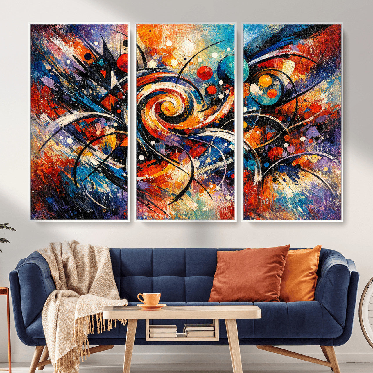 60193267-MGV-CV-36X24 - Geometric Abstract Wall Art Canvas Print, Orange Blue Abstract Expressionist Painting Print, Modern Geometric Abstract Canvas Art
