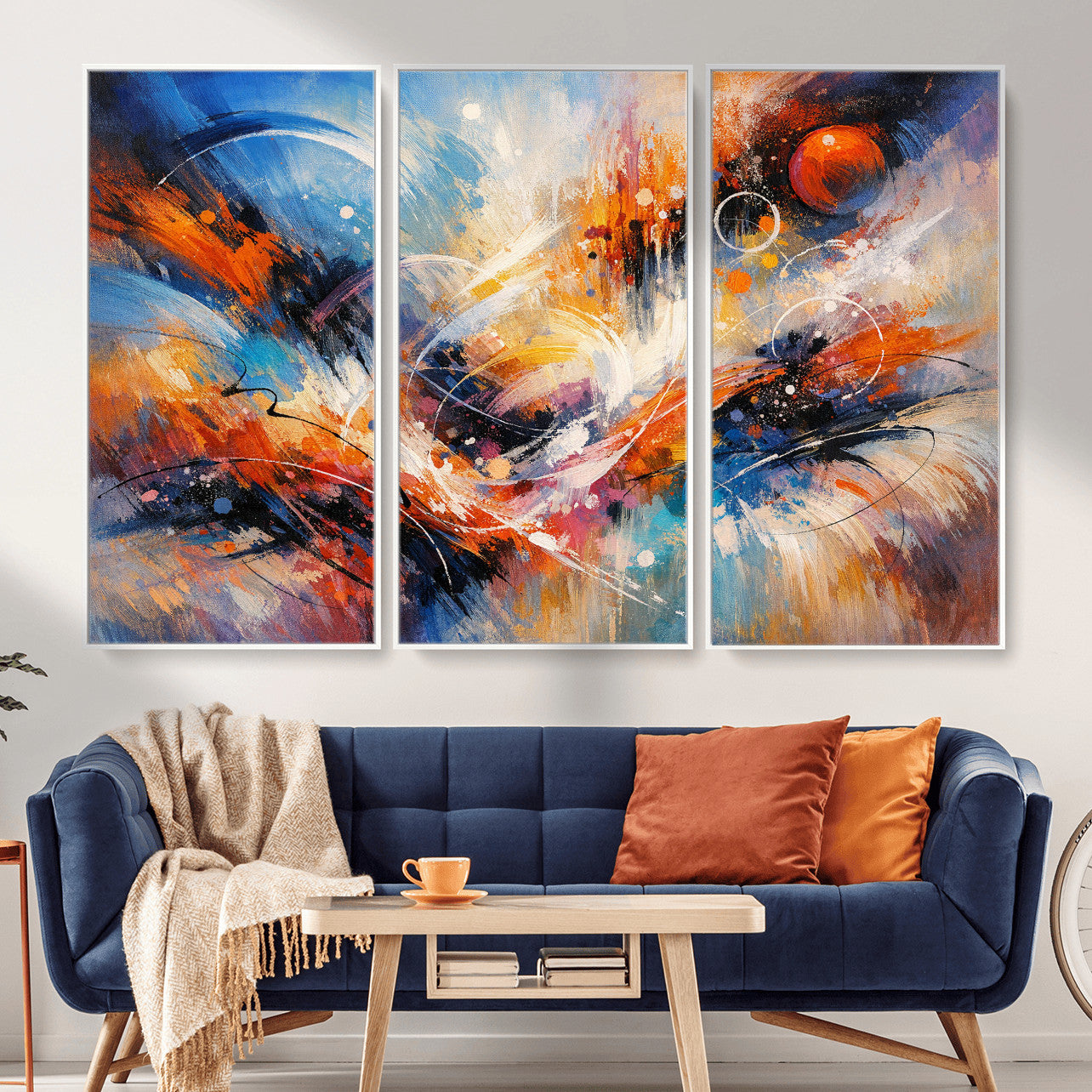 47770355-MGV-CV-36X24 - Geometric Abstract Wall Art Canvas Print, Orange Blue Abstract Expressionist Painting Print, Modern Geometric Abstract Canvas Art