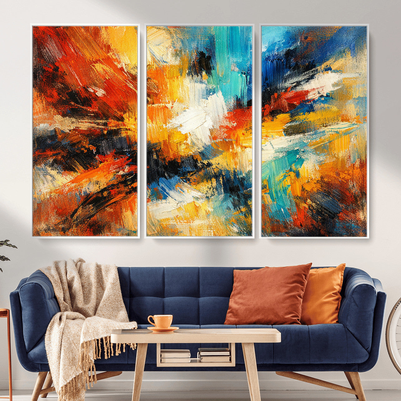 93167583-MGV-CV-36X24 - Geometric Abstract Wall Art Canvas Print, Orange Blue Abstract Expressionist Painting Print, Modern Geometric Abstract Canvas Art