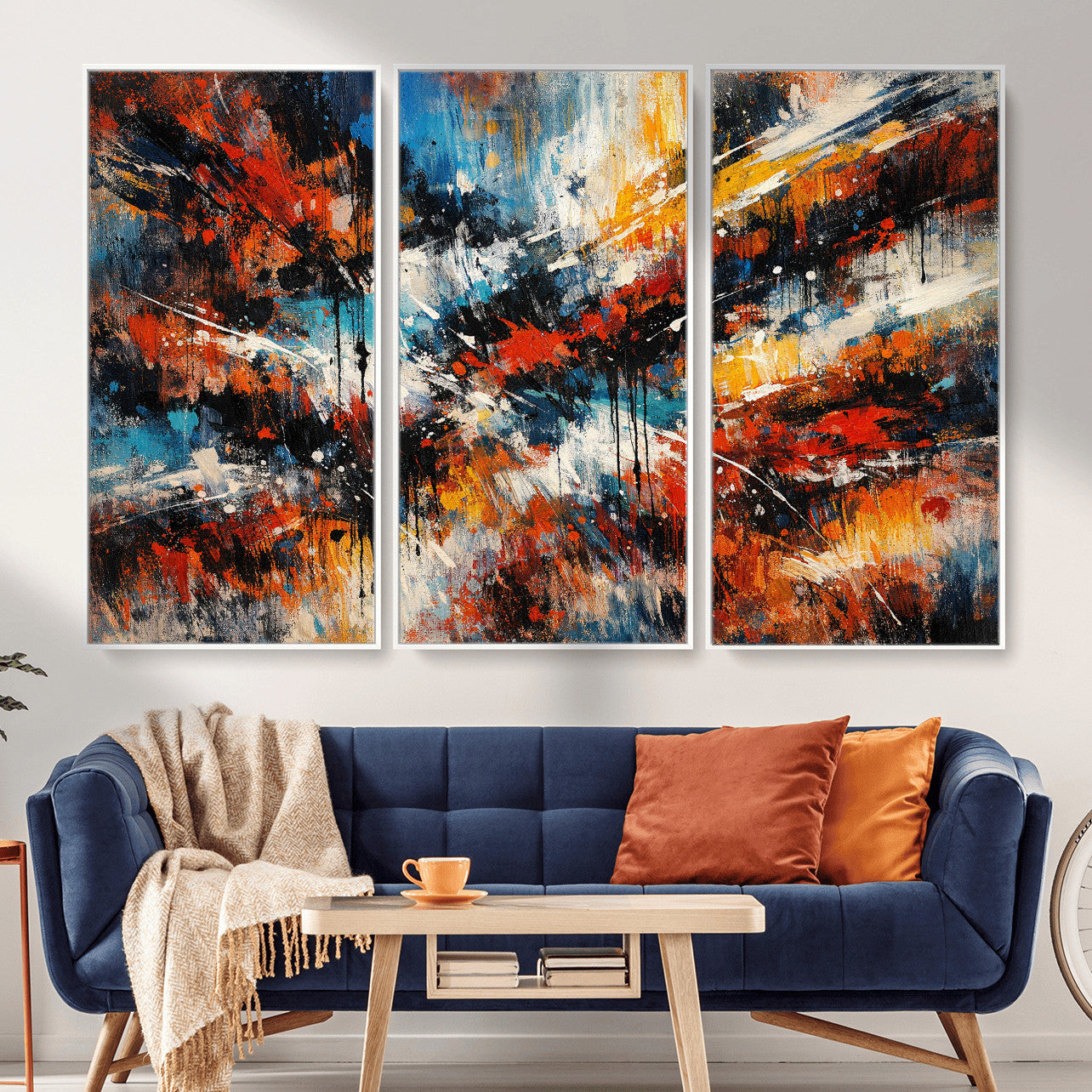 80276069-MGV-CV-36X24 - Geometric Abstract Wall Art Canvas Print, Orange Blue Abstract Expressionist Painting Print, Modern Geometric Abstract Canvas Art