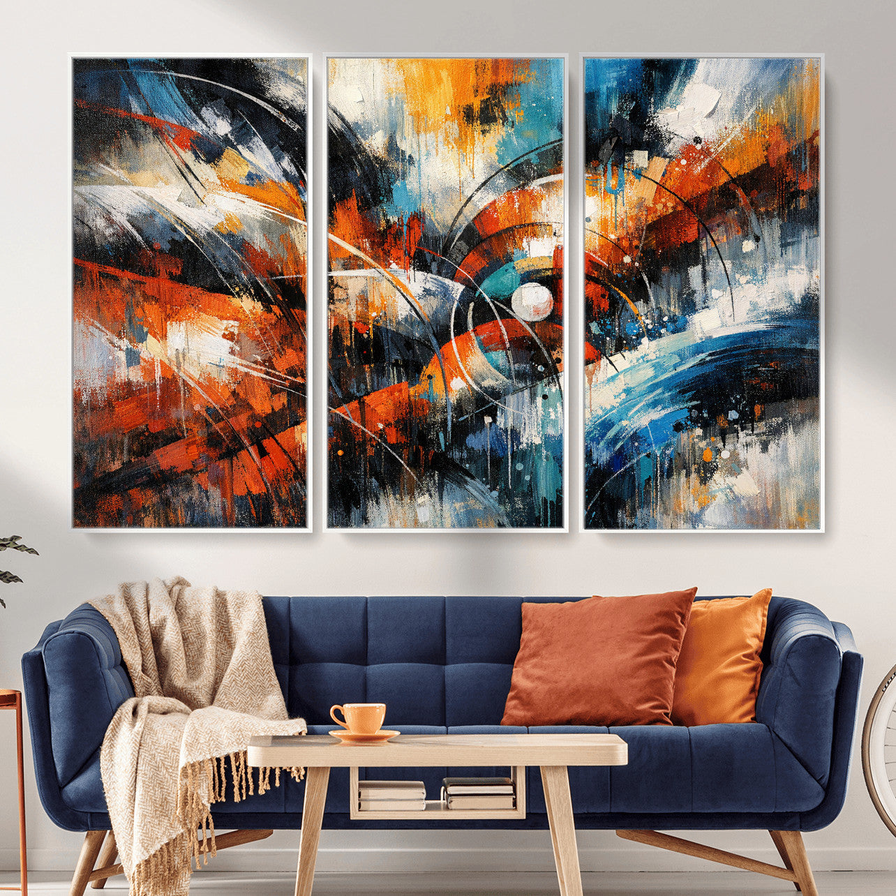 47120691-MGV-CV-36X24 - Geometric Abstract Wall Art Canvas Print, Orange Blue Abstract Expressionist Painting Print, Modern Geometric Abstract Canvas Art