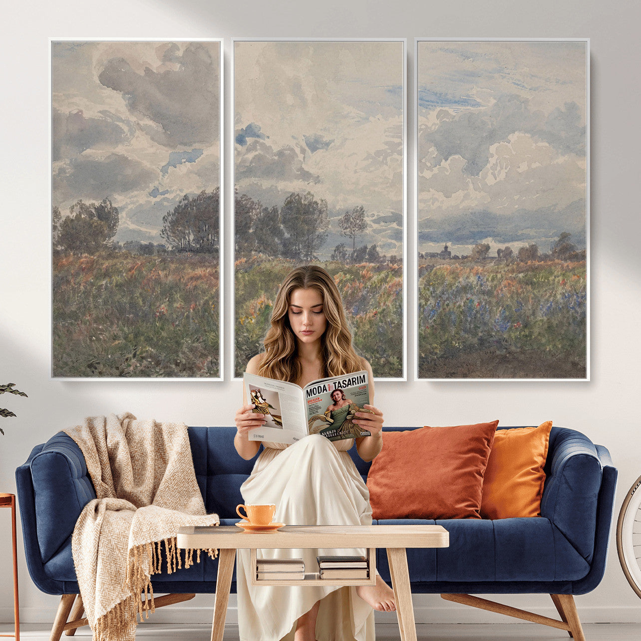 76626885-MGV-CV-36X24 - Vintage Watercolor Meadow Canvas Wall Art — English Pastoral Wildflower Storm Sky Print | Cottagecore Nature Decor | Classic Landscape Gift