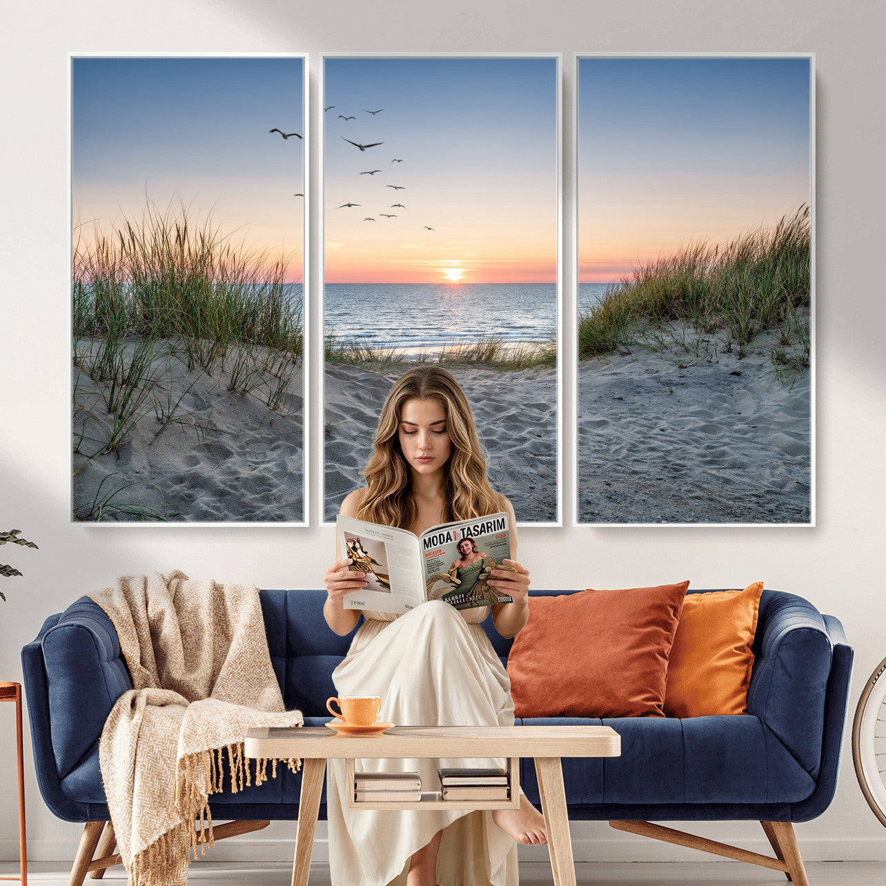 12172032-MGV-CV-36X24 - Sandy Dune Path Sunset Canvas Wall Art — Seagulls Beach Ocean Photography Print | Coastal Home Decor | Nautical Wall Art | Beach House Gift