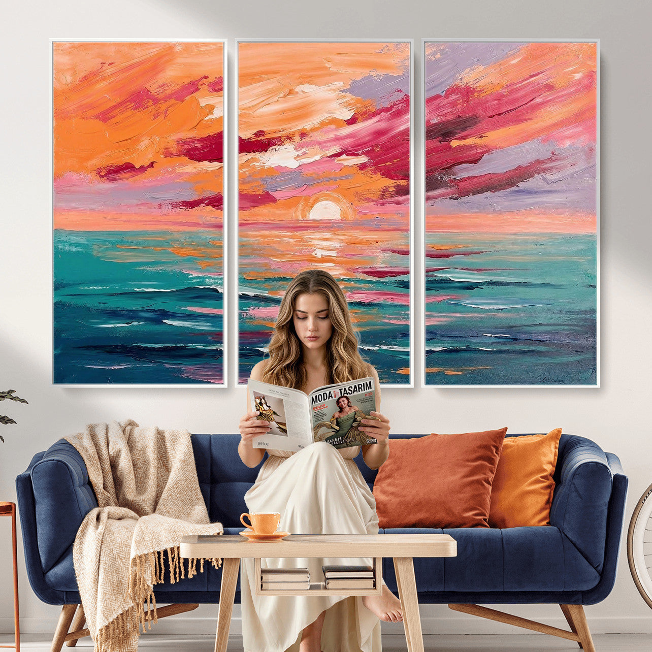 26763902-MGV-CV-36X24 - Bold Palette Knife Ocean Sunset Canvas — Orange Pink Teal Expressionist Sea Print | Colorful Coastal Wall Art | Vibrant Beach Decor Gift