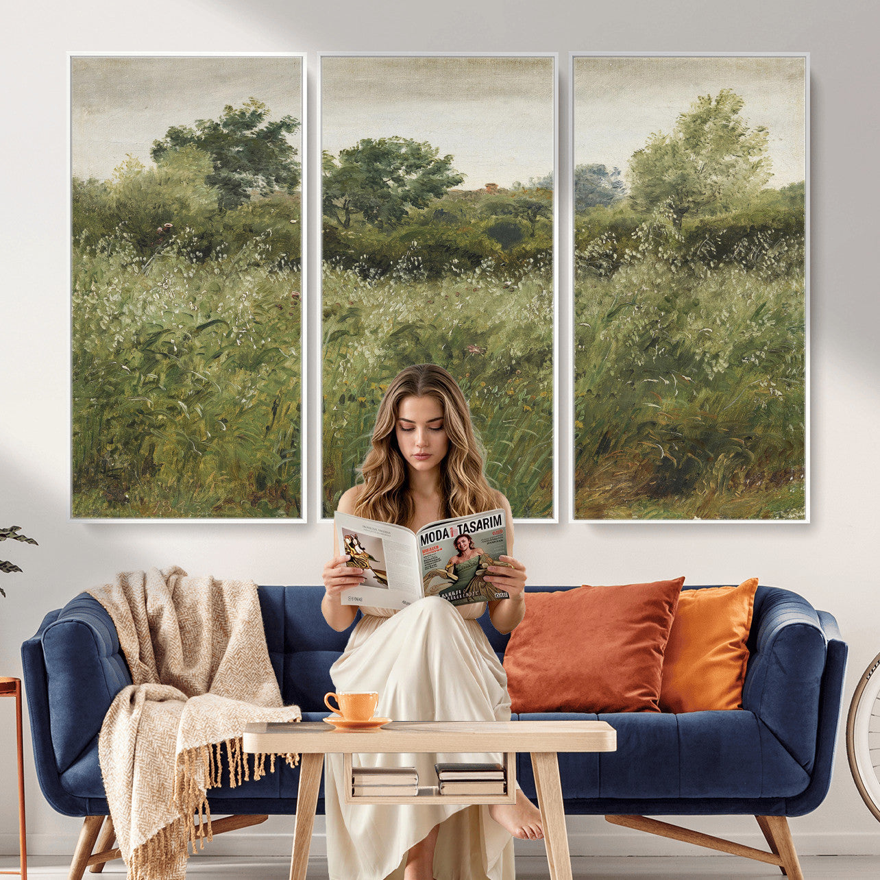 92328261-MGV-CV-36X24 - Wildflower Meadow Canvas Wall Art, Impressionist Overgrown Field Painting Print, Vintage Green Nature Decor, Cottagecore Botanical Art, Living Room Print