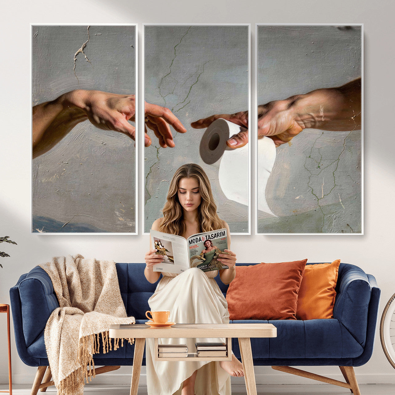 72030048-MGV-CV-36X24 - Funny Bathroom Wall Art Canvas, Creation of Toilet Paper Parody Print, Renaissance Humor Decor, Toilet Room Art, Quirky Housewarming Gift, Classic Art Spoof