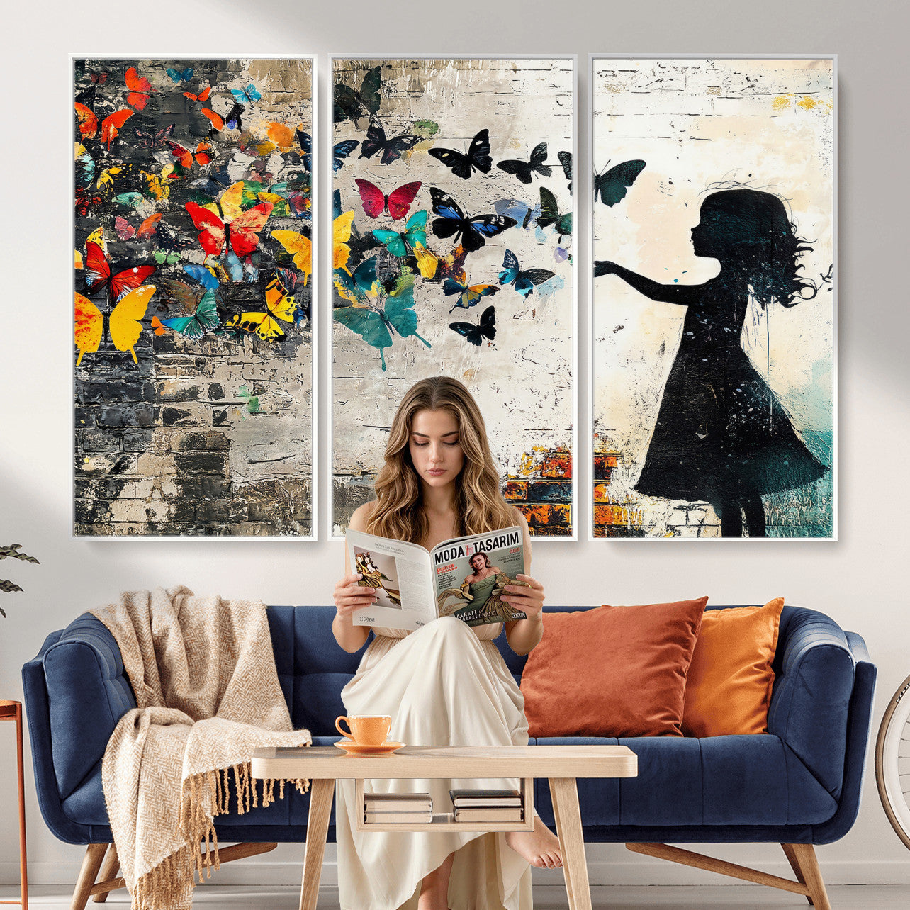 33909022-MGV-CV-36X24 - Banksy Butterfly Girl Wall Art Canvas Print, Framed Street Art Silhouette Graffiti Artwork, Colorful Butterfly Wall Decor for Living Room Bedroom Office