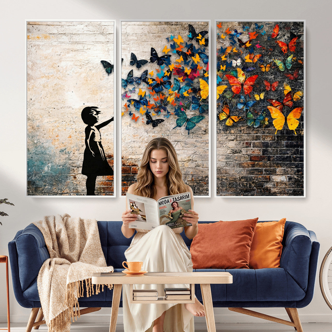 78760384-MGV-CV-36X24 - Banksy Graffiti Butterfly Girl Wall Art Canvas Print, Framed Street Art Canvas Print, Silhouette Butterfly Wall Art for Living Room Bedroom Office