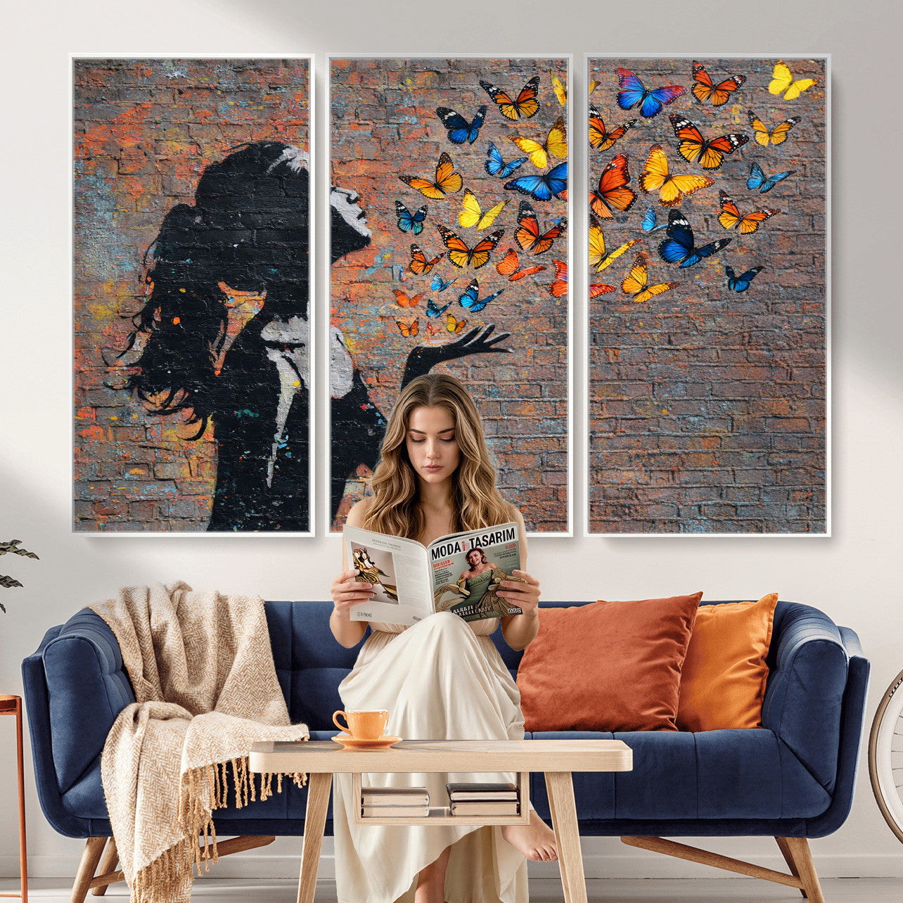 10555939-MGV-CV-36X24 - Urban Banksy Butterfly Girl Wall Art Canvas Print, Framed Street Art Canvas Print, Graffiti Silhouette Butterfly Wall Art for Living Room Bedroom Office