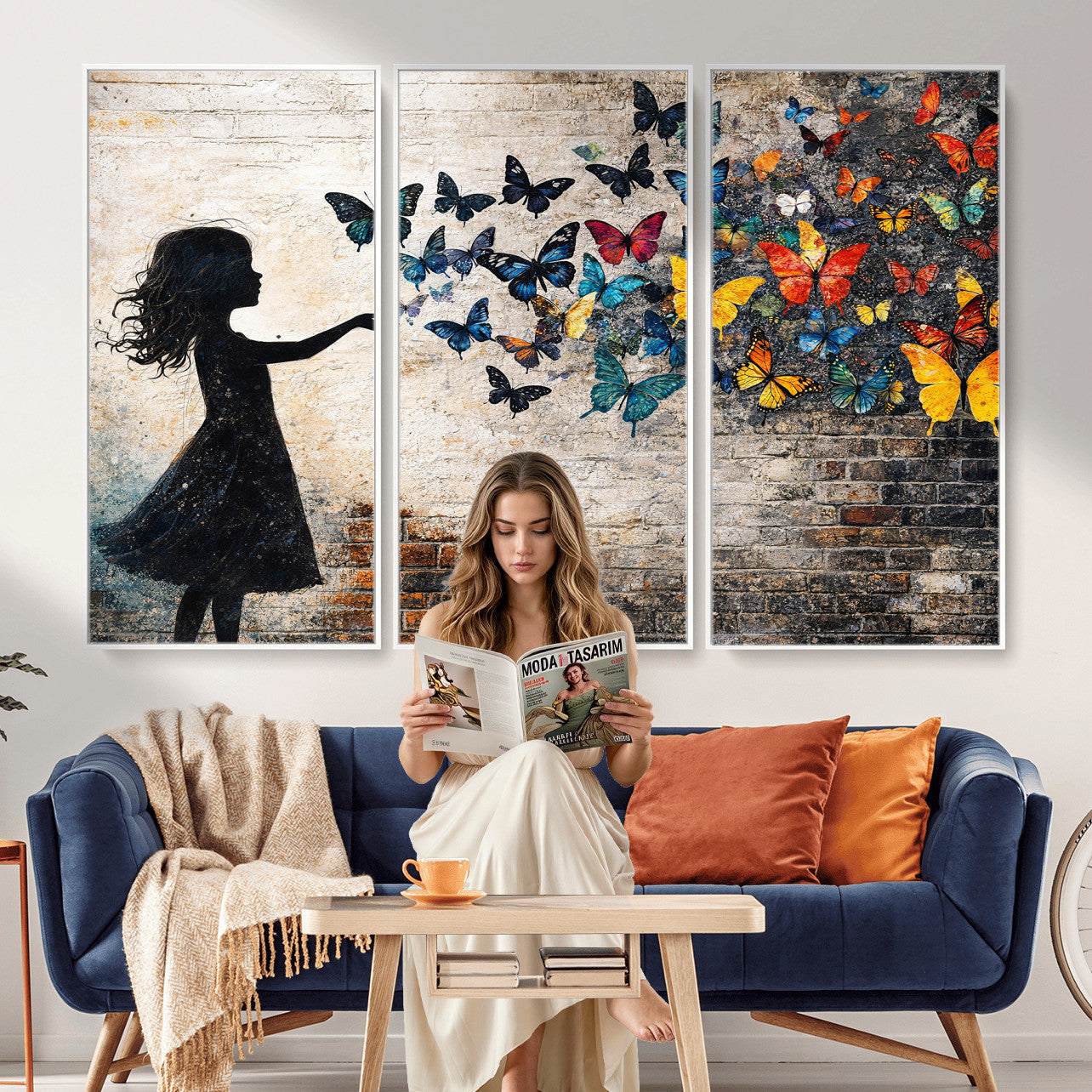 70522594-MGV-CV-36X24 - Banksy Butterfly Girl Wall Art Canvas Print, Framed Street Art Canvas Print, Graffiti Silhouette Butterfly Wall Art for Living Room Bedroom Office