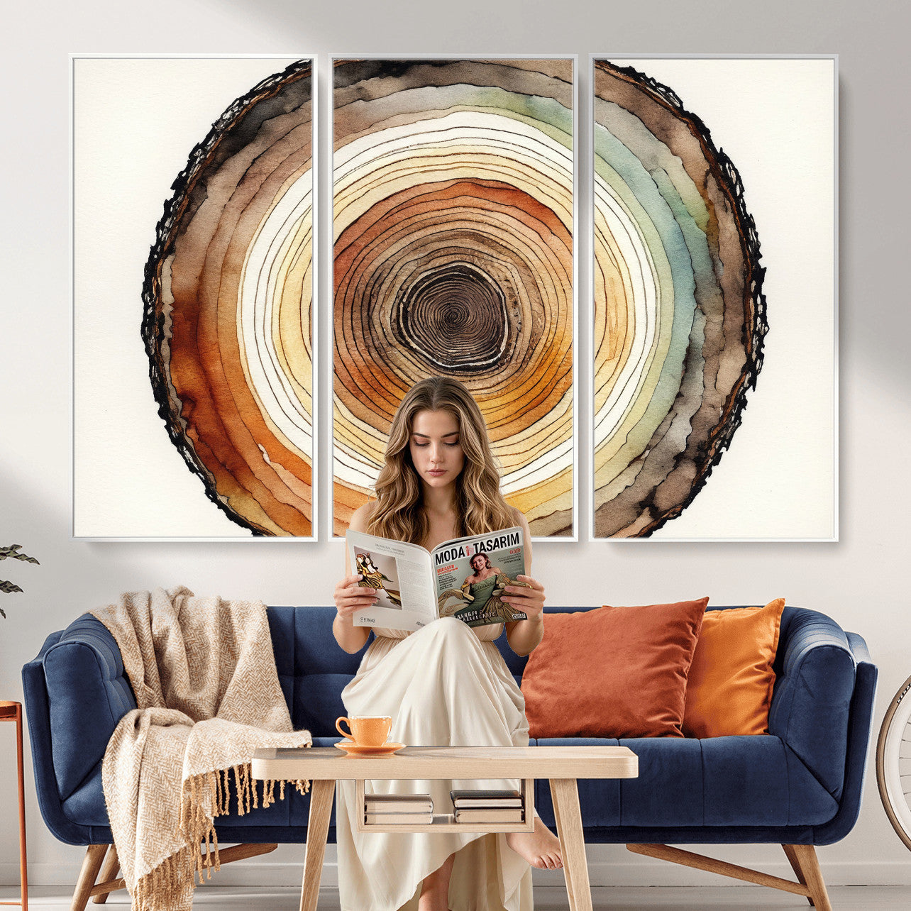 13719680-MGV-CV-36X24 - Natural Wood Slice Wall Art Canvas Print, Tree Ring Wall Art, Framed Abstract Nature Wall Decor, Earth Tone Statement Canvas Print