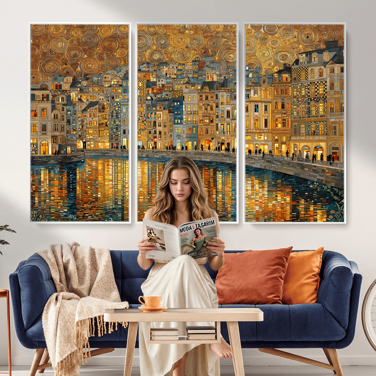 94022787-MGV-CV-36X24 - Gustav Klimt Golden Cityscape Wall Art Canvas Print, Framed River Town Landscape Artwork, Ornate Architecture Wall Decor for Living Room Bedroom Office