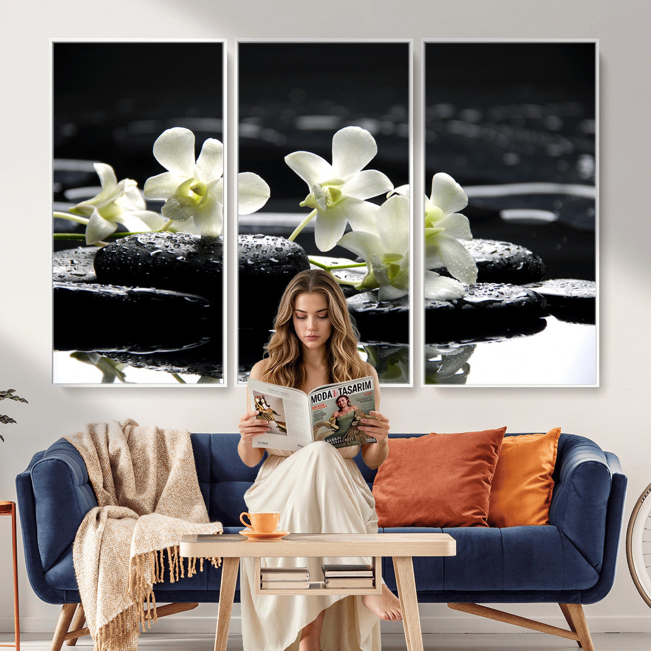 79486206-MGV-CV-36X24 - Plumeria Frangipani Black Stone Canvas | White Flower Spa Photography Print | Tropical Zen Wall Art | Grey Pebble Floral for Meditation Room Decor