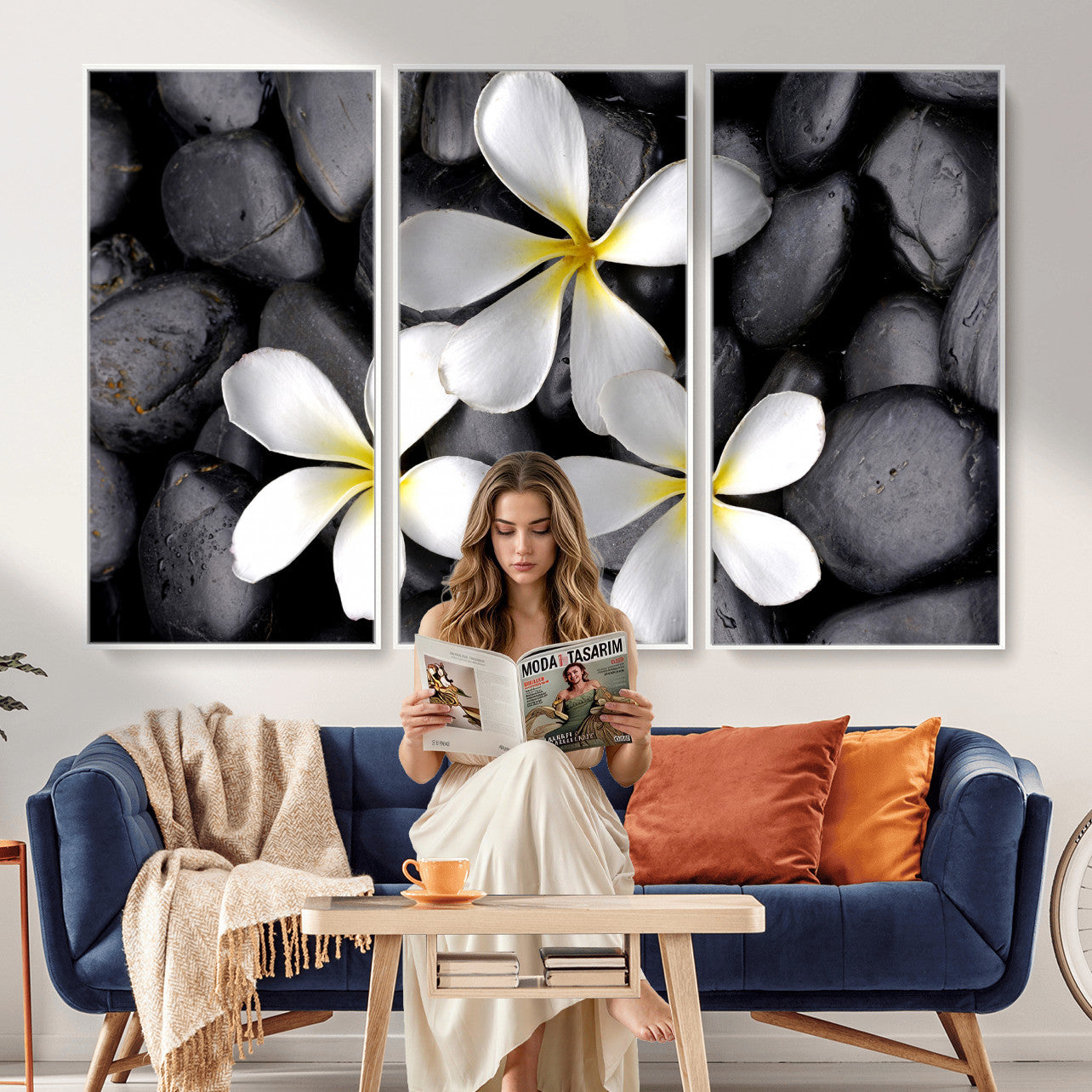 43639613-MGV-CV-36X24 - Plumeria Frangipani Black Stone Canvas | White Flower Spa Photography Print | Tropical Zen Wall Art | Grey Pebble Floral Decor