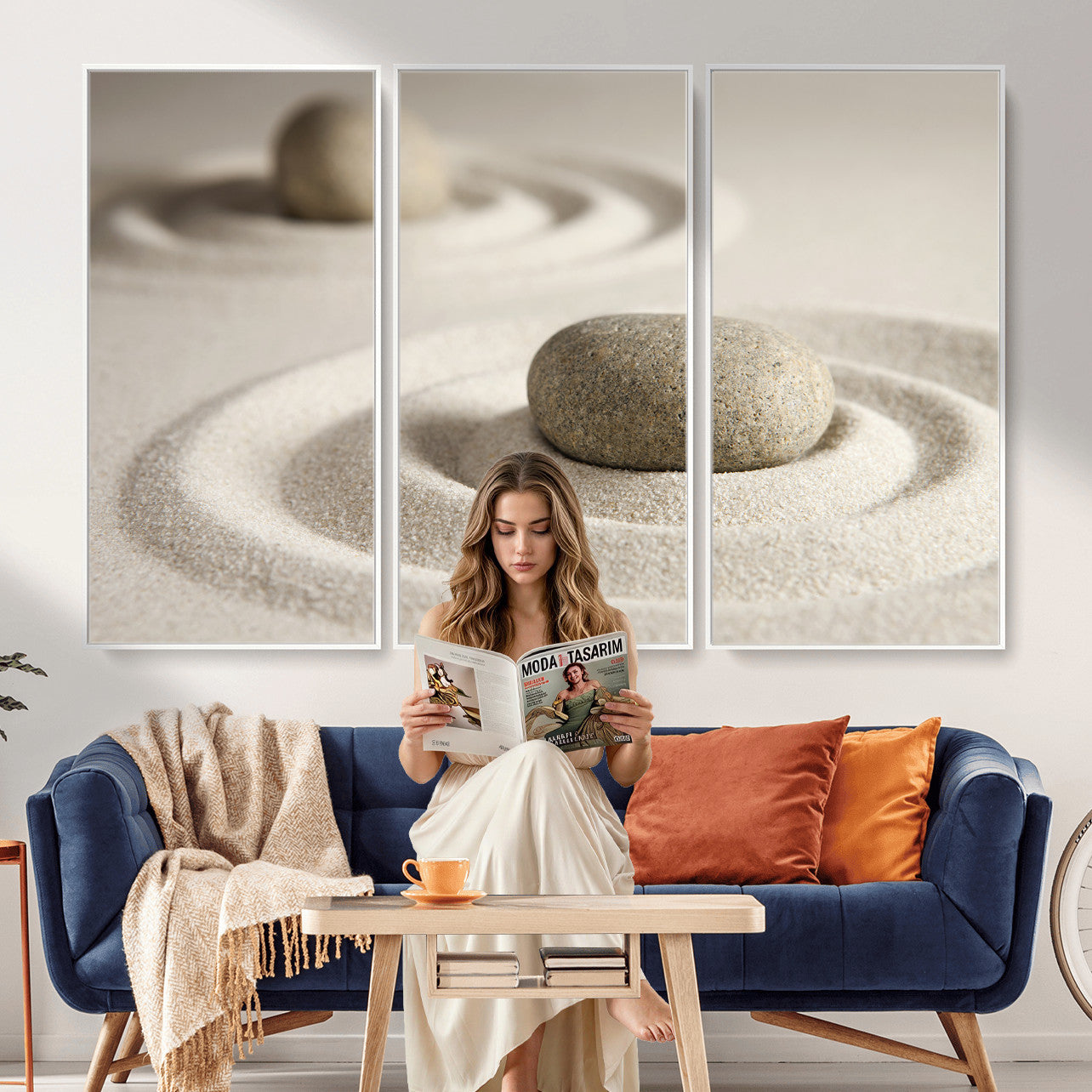 13397966-MGV-CV-36X24 - Zen Garden Stone Sand Canvas | Japanese Rock Garden Wall Art | Minimalist Meditation Print | Neutral Beige Mindfulness Decor