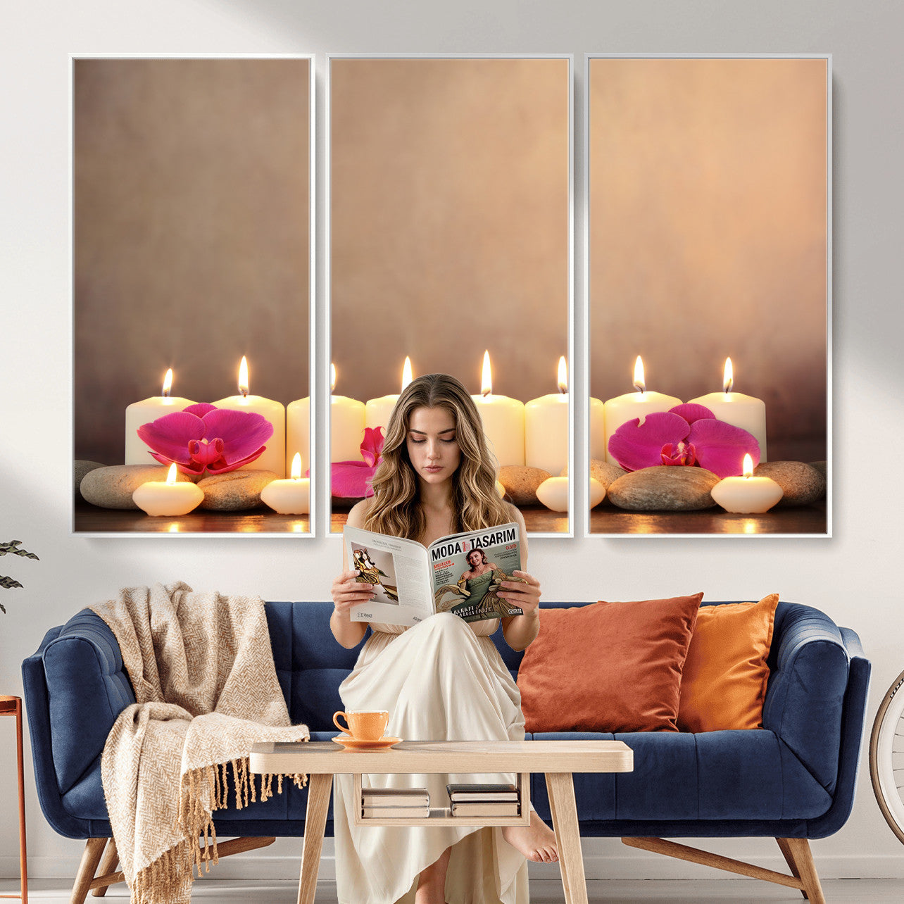 59470569-MGV-CV-36X24 - Spa Candles Orchid Canvas Print | Zen Wellness Relaxation Wall Art | Pink Flower Candlelight Bathroom Decor | Calm Beige Photography