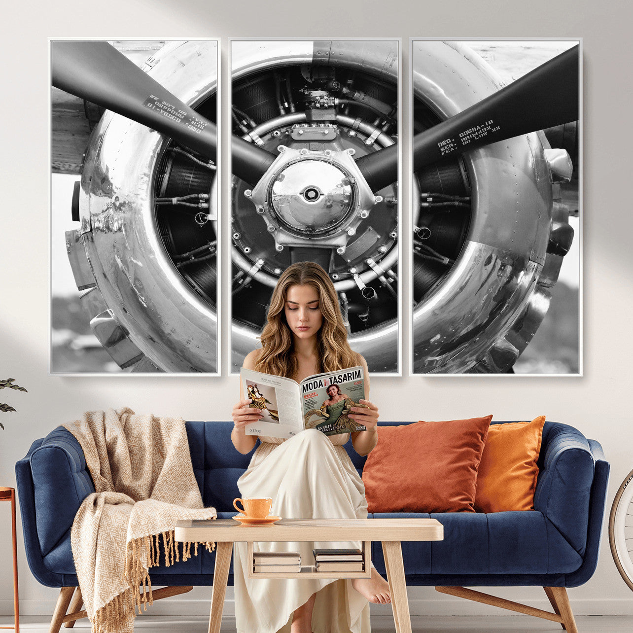 73322230-MGV-CV-36X24 - Vintage Propeller Plane Wall Art Canvas Print, Black and White Airplane Engine Close Up Framed Aviation Artwork for Pilot Office Hangar Decor