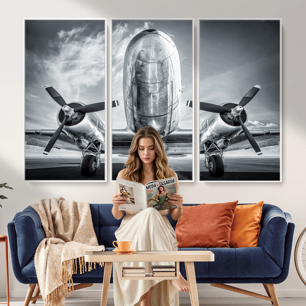 59729636-MGV-CV-36X24 - Vintage Propeller Plane Wall Art Canvas Print, Black and White Airplane Engine Close Up Framed Aviation Artwork for Pilot Office Hangar Decor