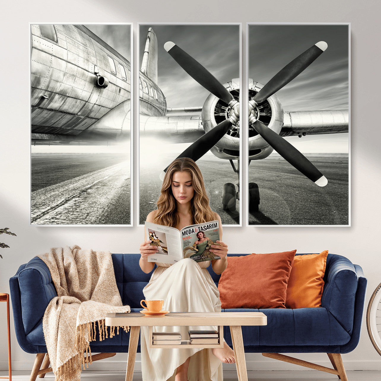 16420255-MGV-CV-36X24 - Vintage Airplane Wall Art Canvas Print, Black and White Propeller Aircraft Framed Aviation Artwork for Pilot Office Hangar Living Room Decor