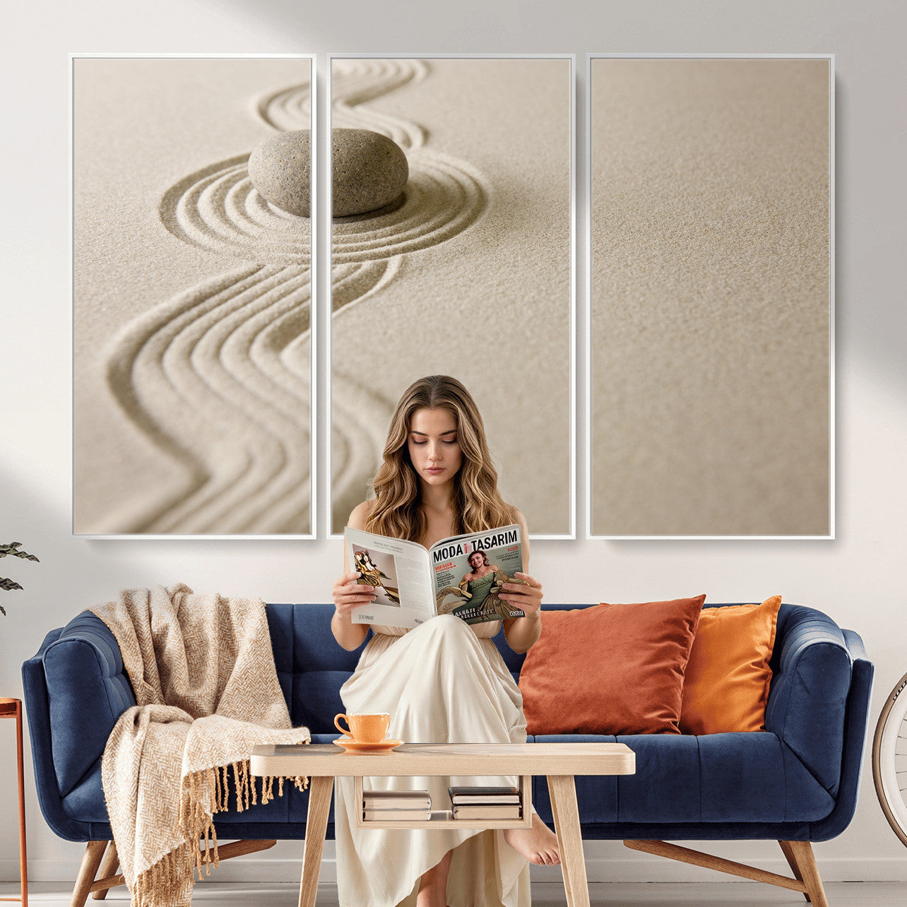 66852661-MGV-CV-36X24 - Zen Garden Stone Sand Canvas | Japanese Rock Garden Wall Art | Minimalist Meditation Print | Neutral Beige Mindfulness Decor
