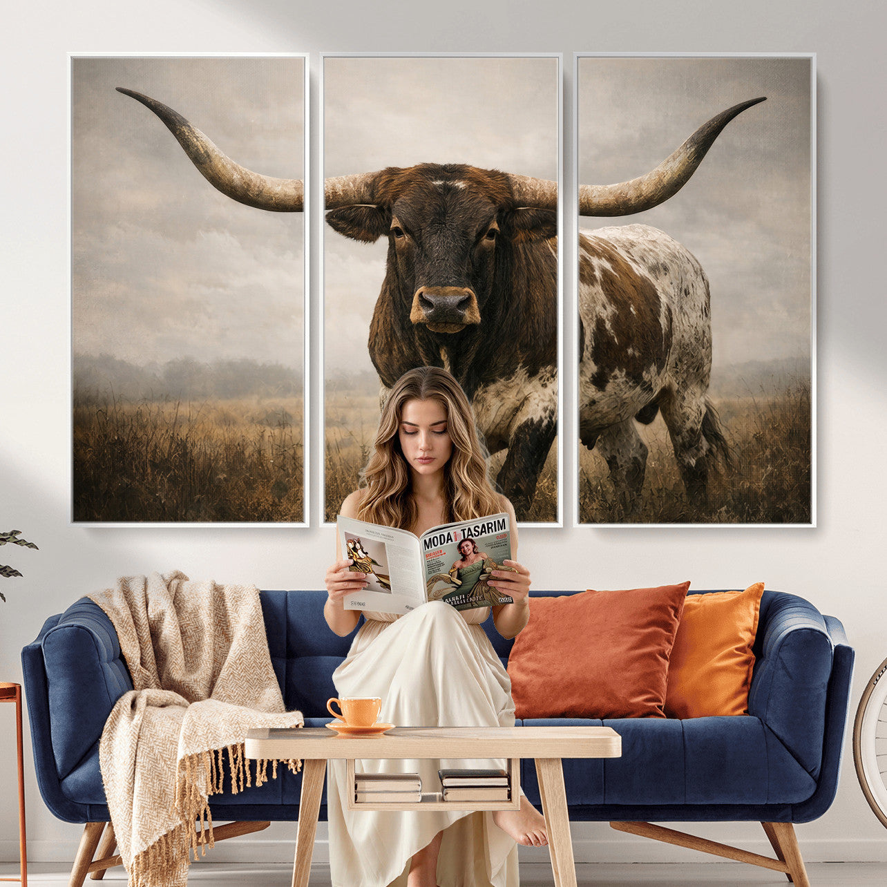 17622011L-MGV-CV-36X24 - Longhorn Bull Wall Art Canvas Print, Western Farmhouse Cowboy Decor, Rustic Texas Ranch Cattle Artwork for Living Room Bedroom Office, Framed Wall Decor