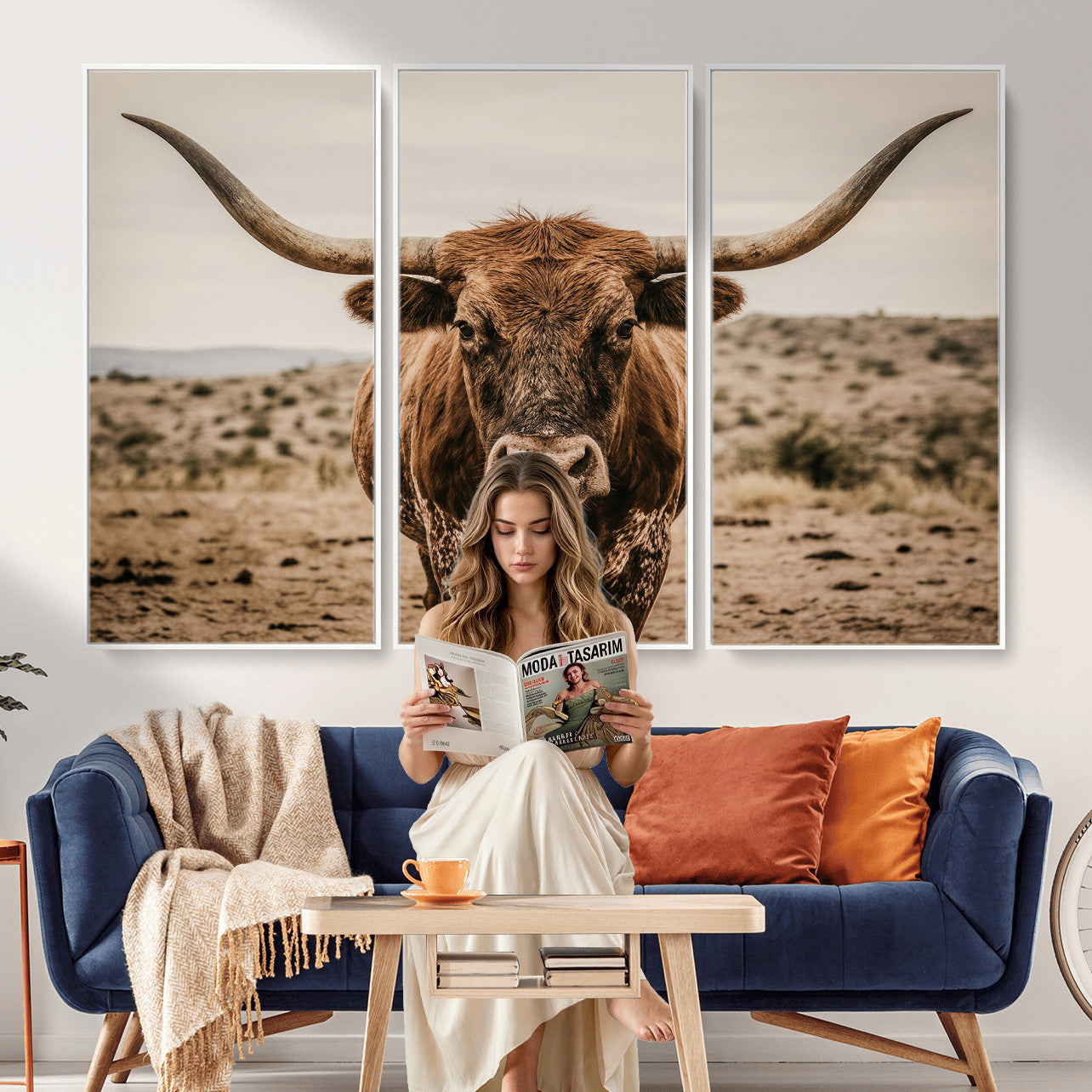 17622011K-MGV-CV-36X24 - Texas Longhorn Bull Wall Art Canvas Print, Western Farmhouse Cowboy Decor, Rustic Texas Ranch Cattle Artwork for Living Room Bedroom Office, Framed Wall Decor