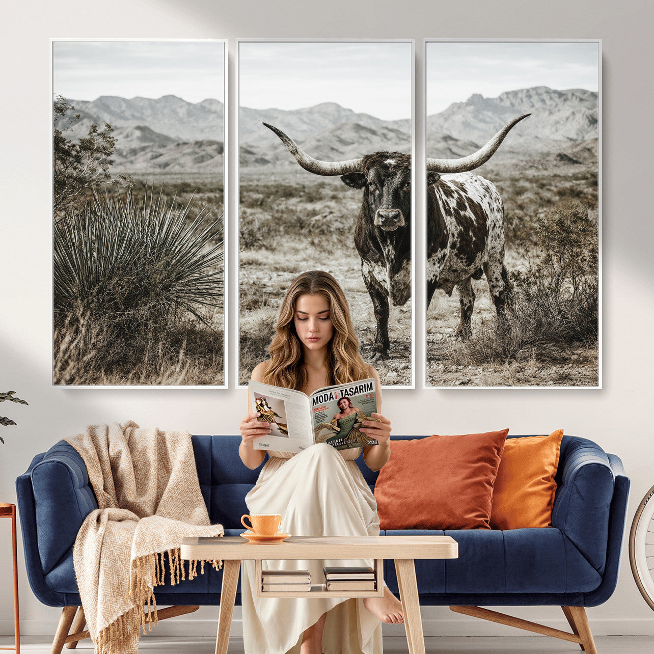 17622011H-MGV-CV-36X24 - Texas Longhorn Bull Wall Art Canvas Print, Western Farmhouse Cowboy Decor, Rustic Texas Ranch Cattle Artwork for Living Room Bedroom Office, Framed Wall Decor