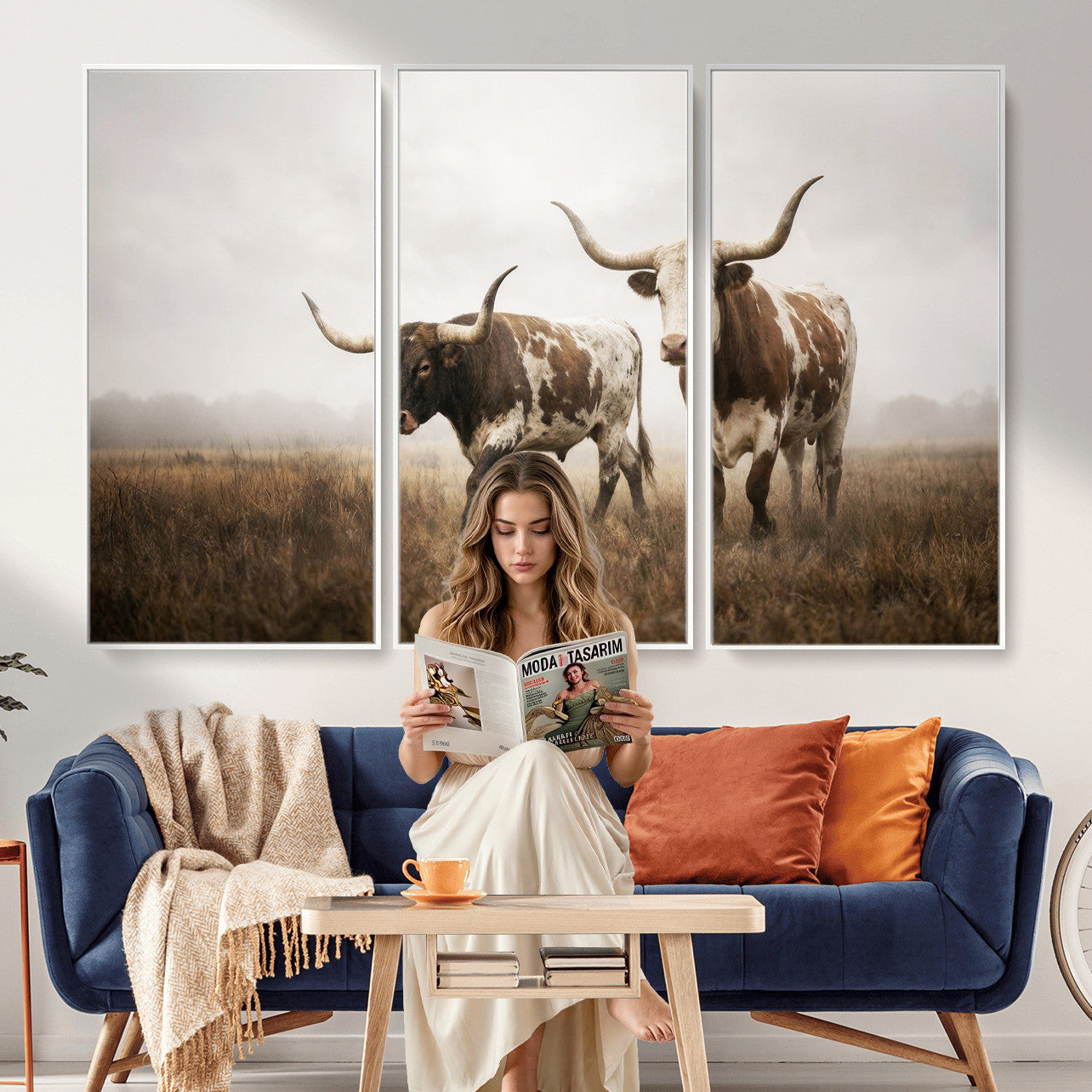 92881702-MGV-CV-36X24 - Texas Longhorn Canvas Wall Art Western Bull Desert Moody Grey Overcast Rustic Farmhouse Framed Large for Living Room Bedroom Office Decor