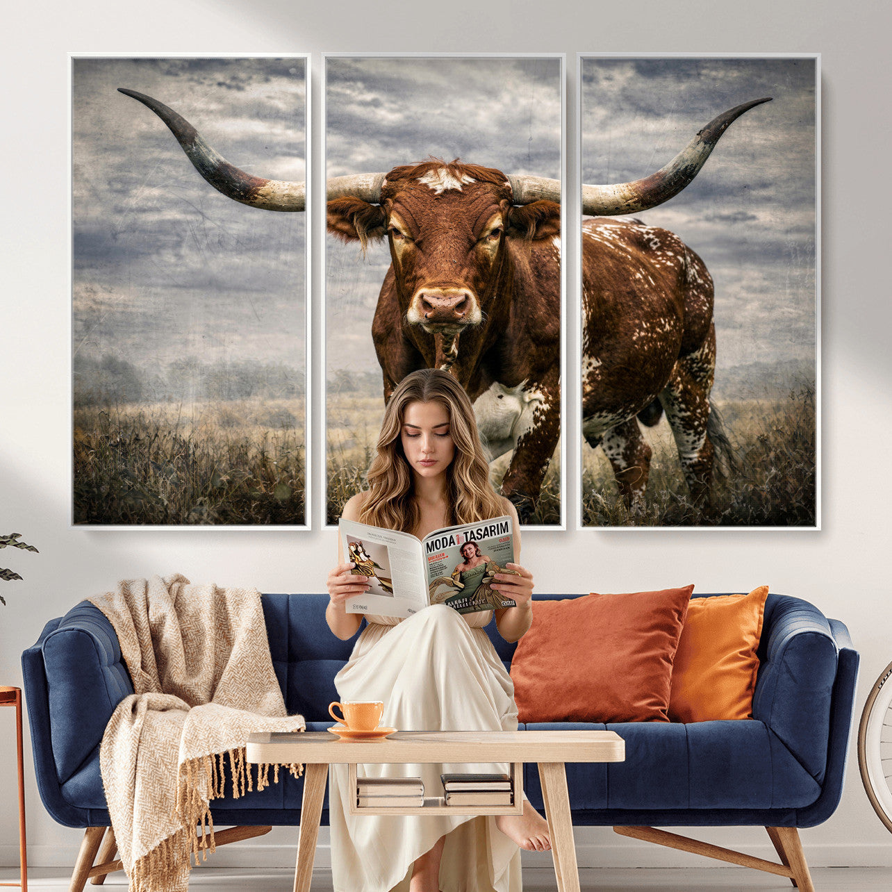 14372769-MGV-CV-36X24 - Texas Longhorn Canvas Wall Art Western Bull Desert Moody Grey Overcast Rustic Farmhouse Framed Large for Living Room Bedroom Office Decor