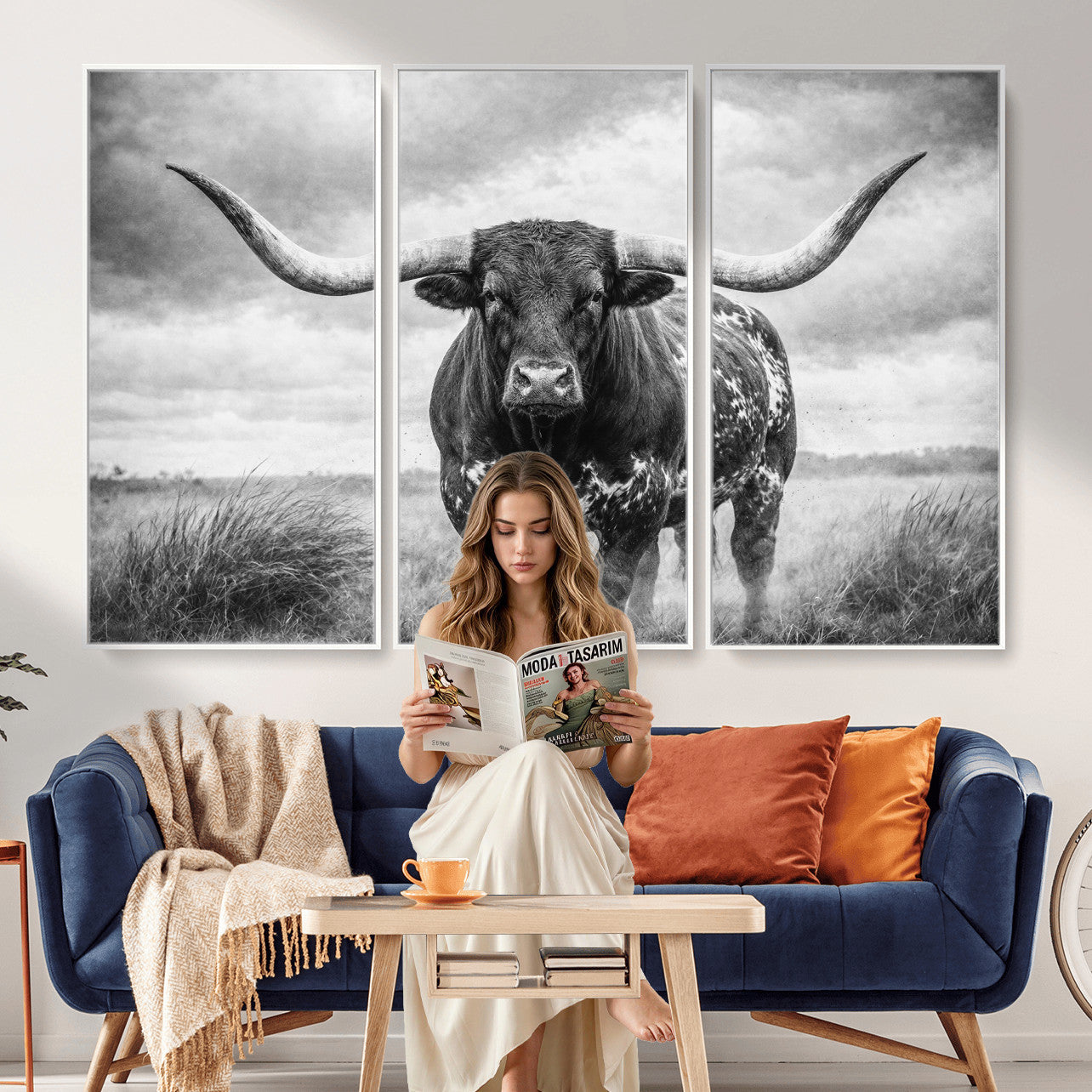 19951238-MGV-CV-36X24 - Texas Longhorn Canvas Wall Art Western Bull Desert Moody Grey Overcast Rustic Farmhouse Framed Large for Living Room Bedroom Office Decor